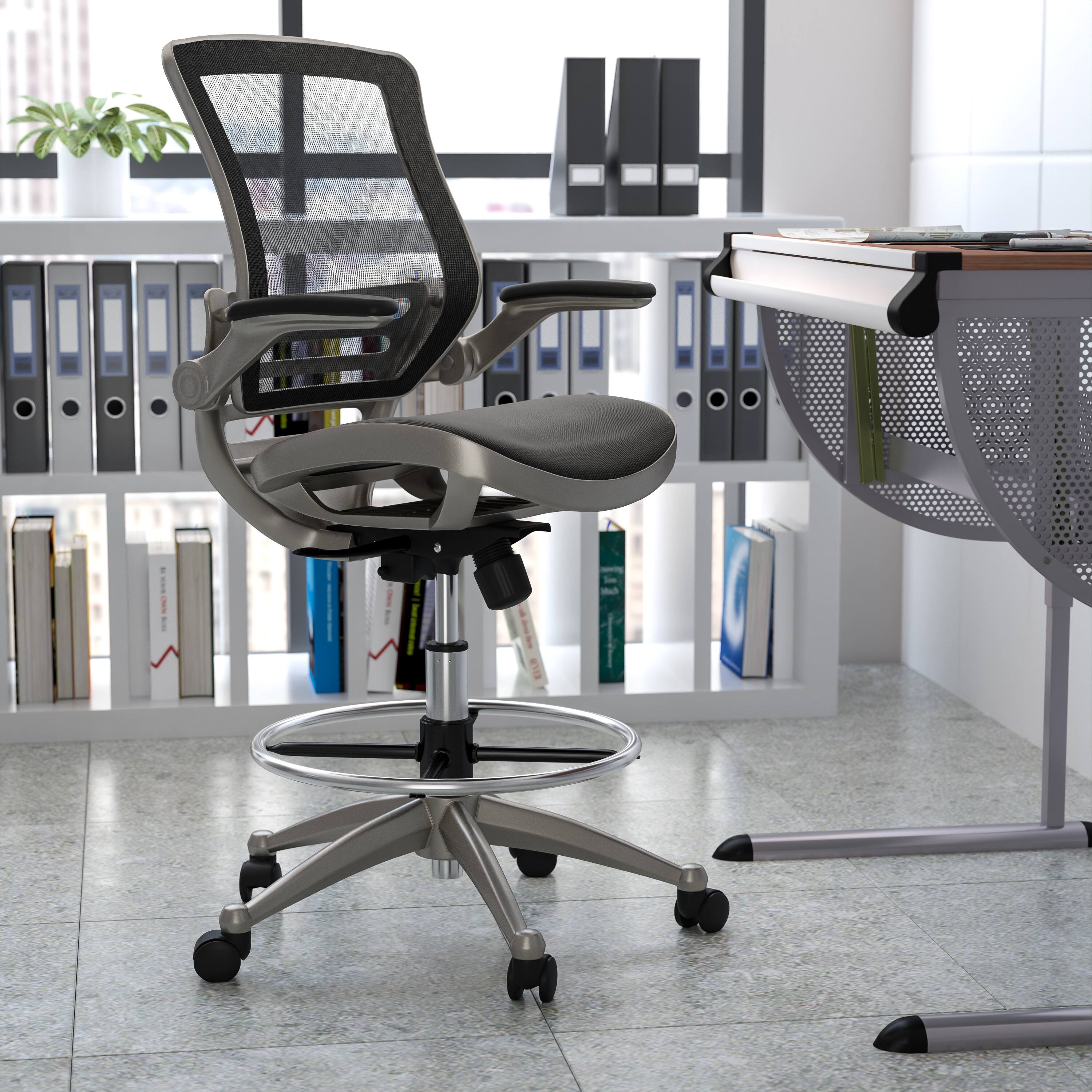 Alt View 1. Emma + Oliver - Mid-Back Transparent Mesh Drafting Chair with Flip-Up Arms - Black Mesh/Graphite Silver Frame.