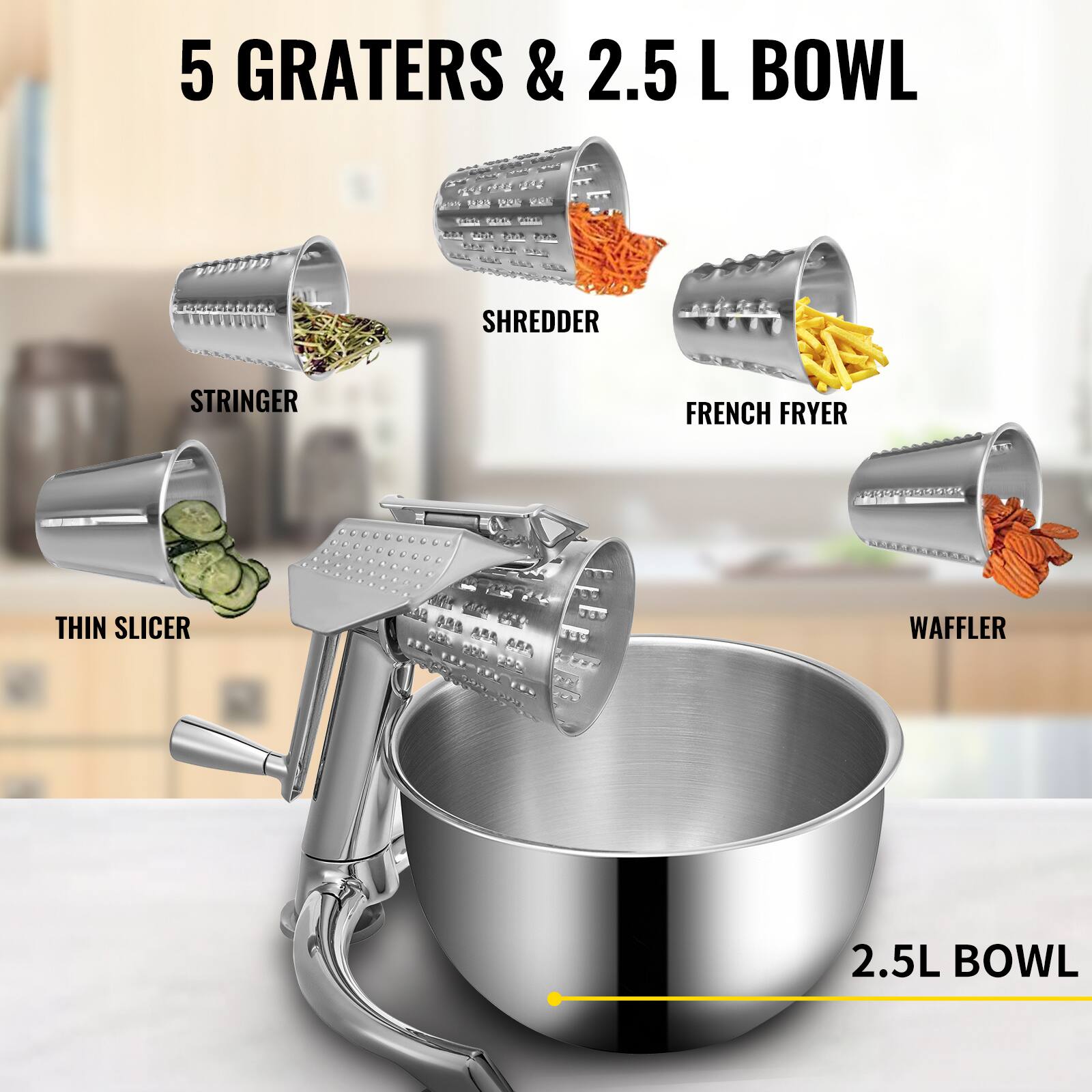 5 GRATERS & 2.5 L BOWL, SHREDDER, STRINGER, FRENCH FRYER, THIN SLICER, WAFFLER, 2.5L BOWL