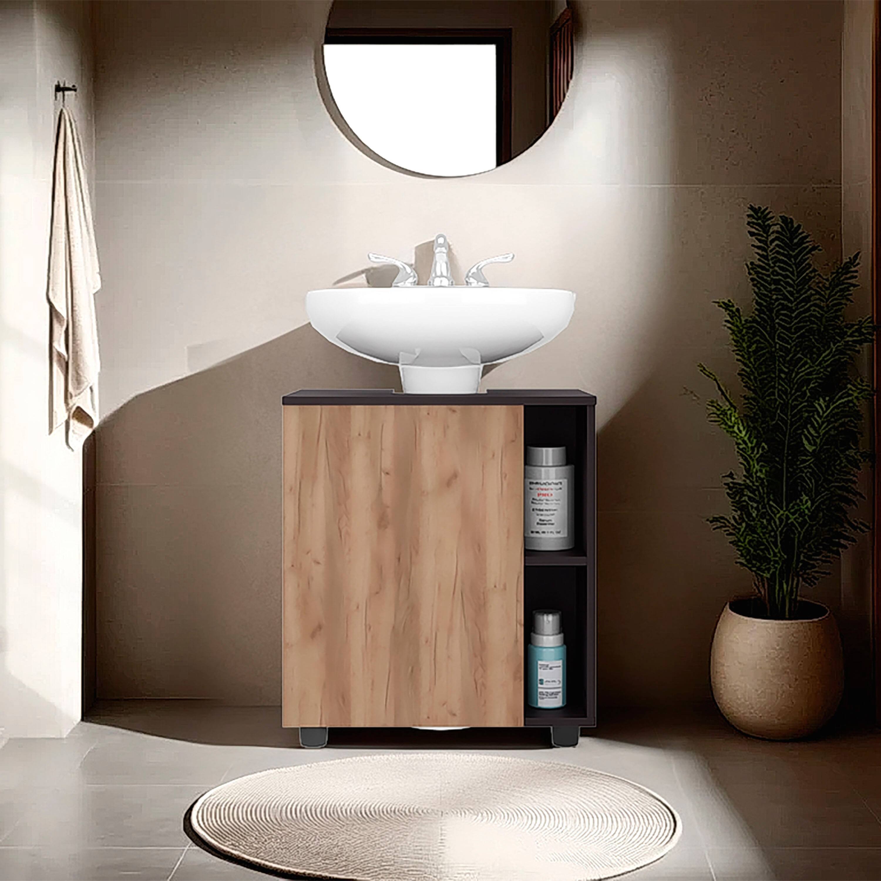 Front. TinyHomie - 22 Inch Wide Pascuale Freestanding Under Sink Cabinet 1 Door Cut-Out Back Compact Bathroom Storage - brown.