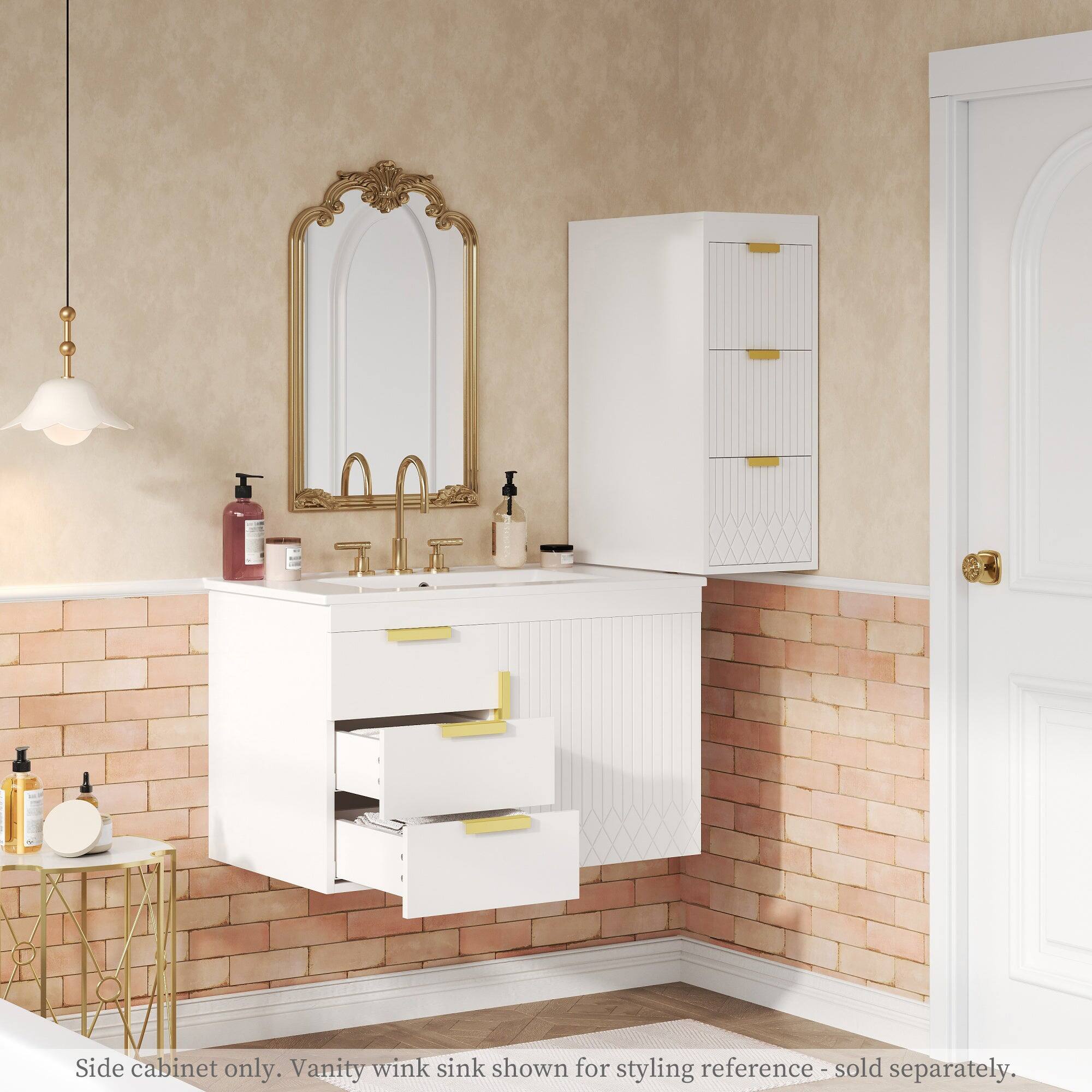 Side cabinet only. Vanity wink sink shown for styling reference - sold separately.