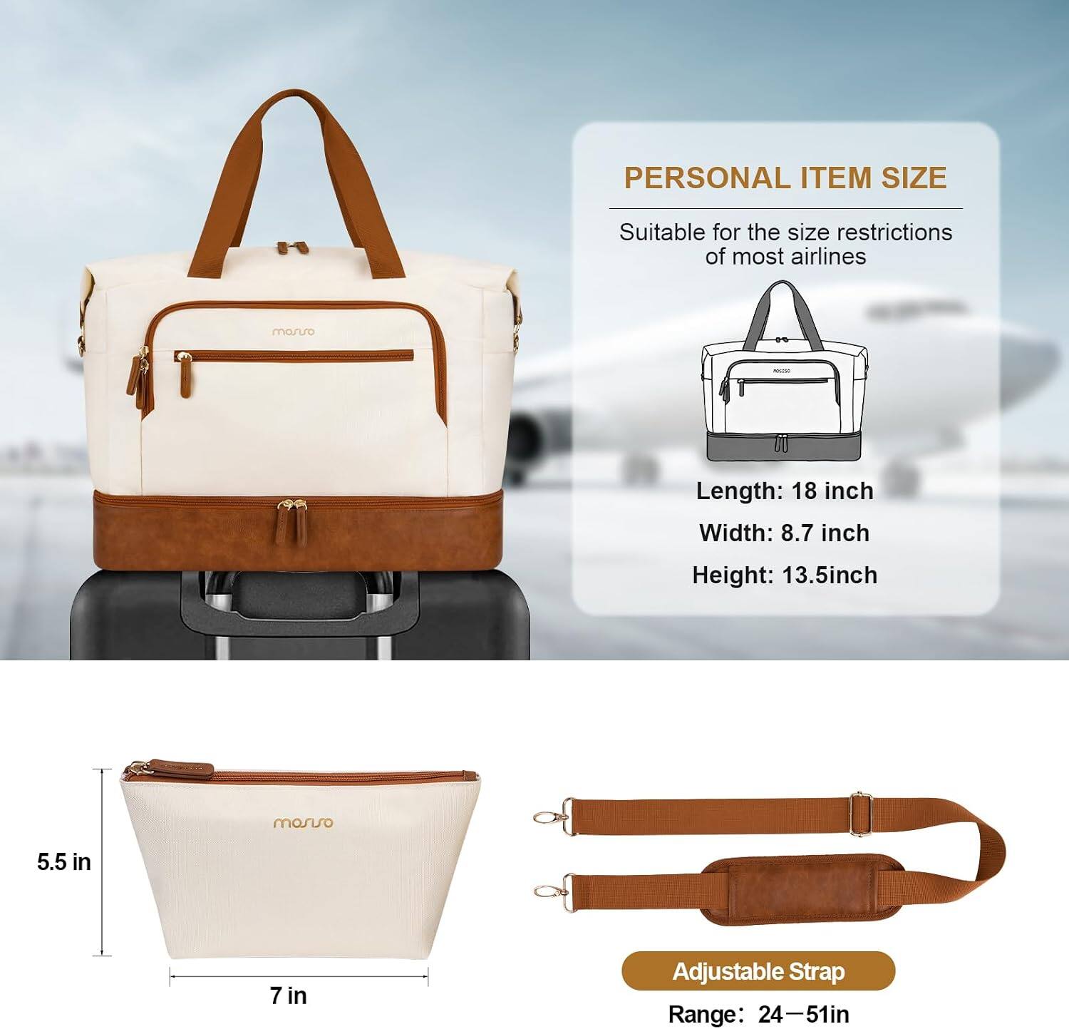 PERSONAL ITEM SIZE  
Suitable for the size restrictions of most airlines  
Length: 18 inch  
Width: 8.7 inch  
Height: 13.5 inch  

Adjustable Strap Range: 24-51in