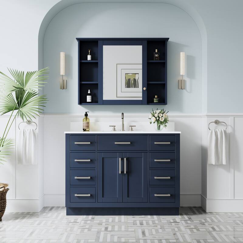 Back. WELLFOR - 48 in Solid Wood Bathroom Vanity with Sink,2 Soft-Close Doors,9 Drawers&Cultured Marble Countertop,Brushed Nickel Handle - Navy Blue.