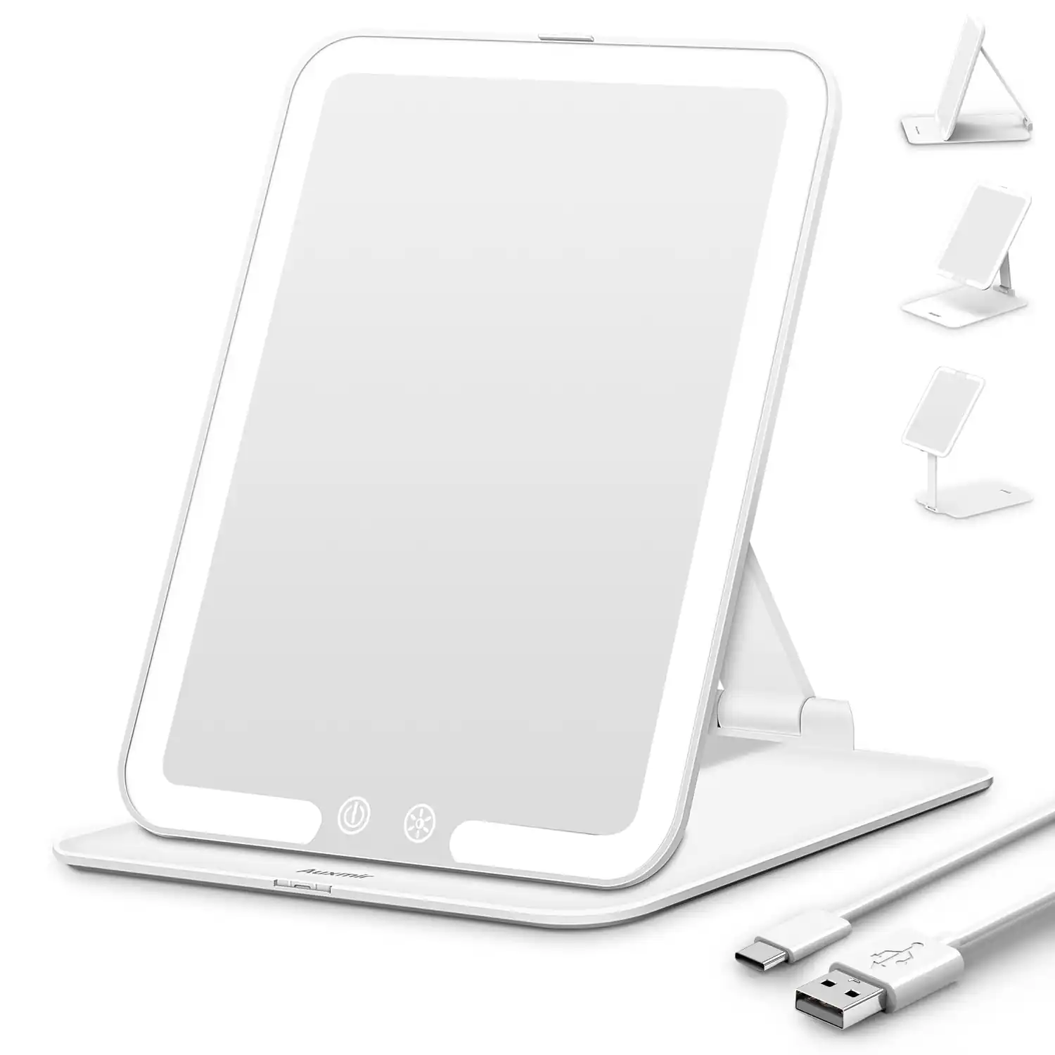 Stamp n Camp - Auxmir Travel Makeup Mirror with Light, Portable Folding Lighted 72 LEDs, Rechargeable Compact Vanity 3 Dimmable Color - White