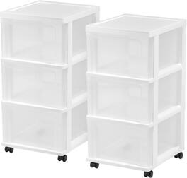 IRIS USA - IRIS Plastic 3-Drawer Storage Organizer Rolling Cart with Wheels, Slim Narrow Design, /Clear - White