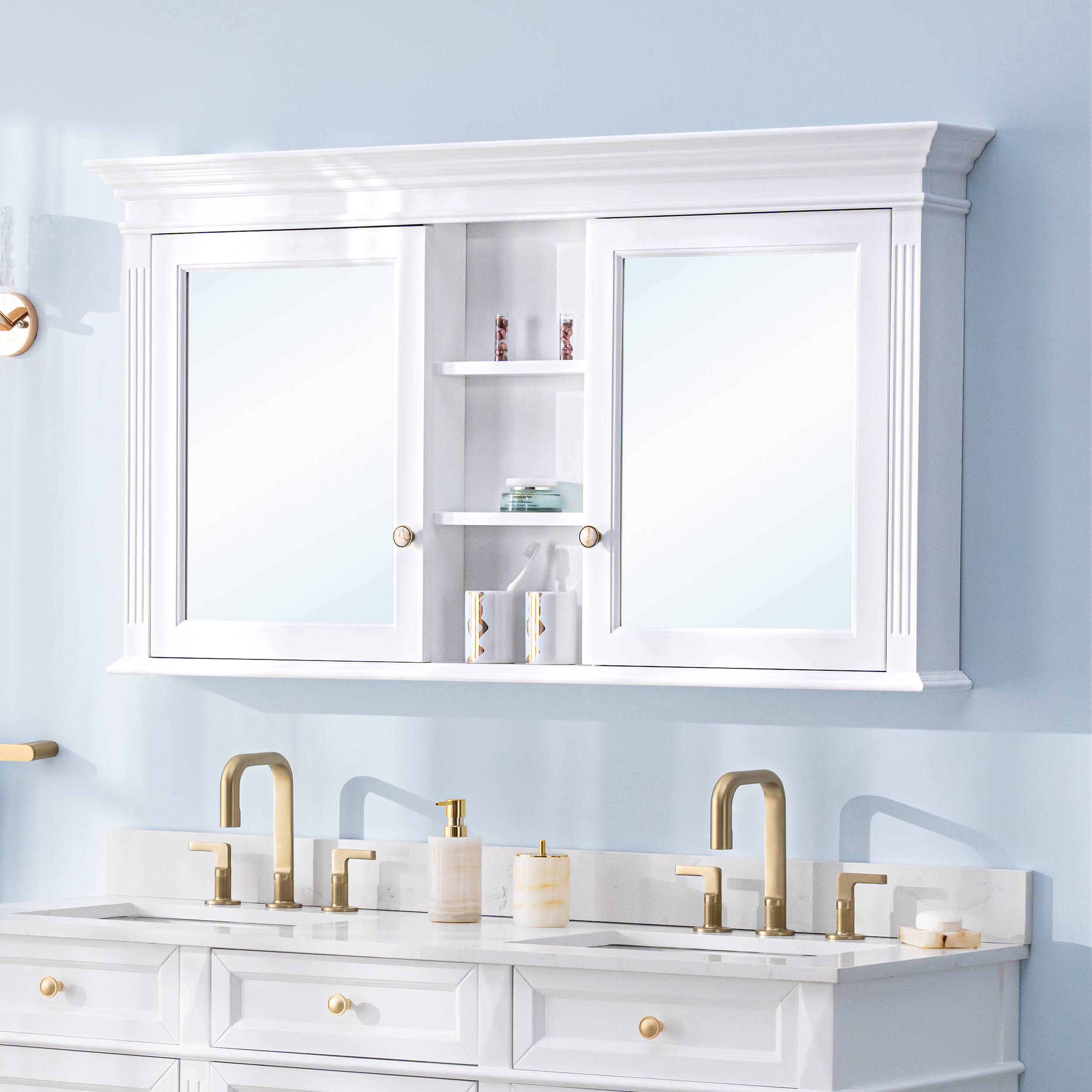 Left. WELLFOR - 55 in. W x 30 in. H Rectangular Wood Surface Mount Medicine Cabinet with Mirror and Shelves, 2 Soft Close Doors - White.
