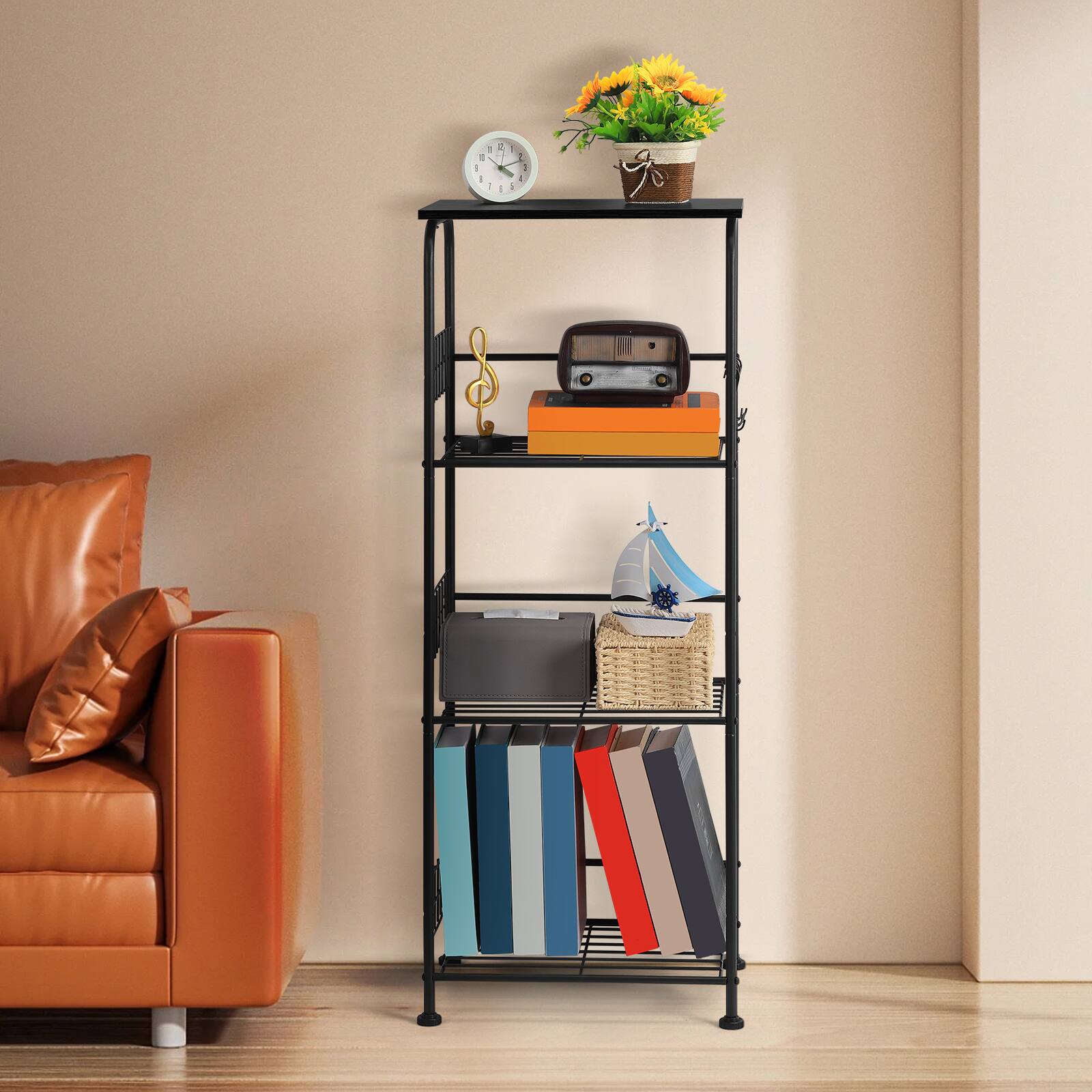 Back. Oumilen - 4-Tier Wire Storage Shelf with Wood Top, Black Metal Frame & Accessories - Black.