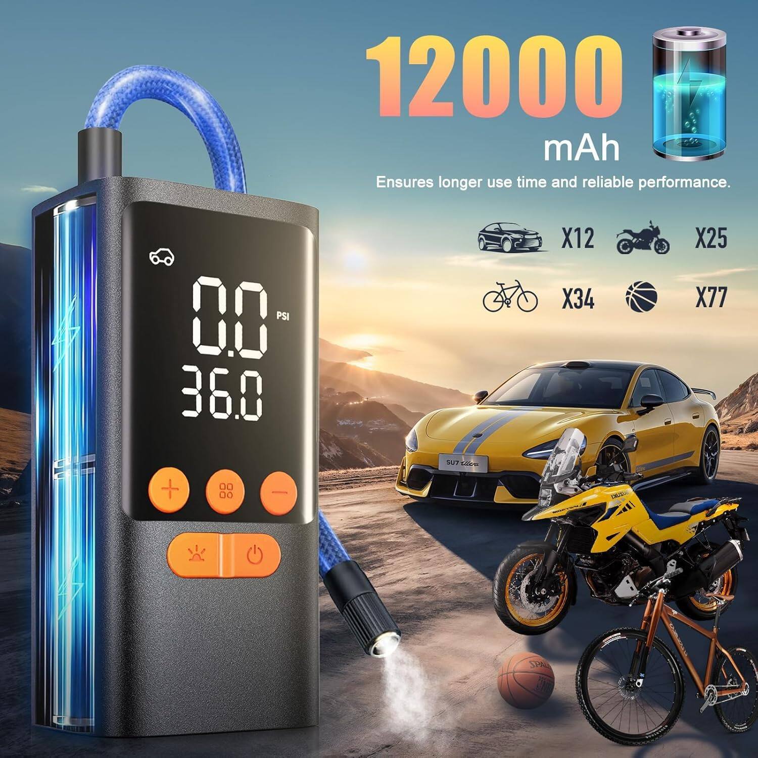 12000 mAh  
Ensures longer use time and reliable performance.  

00 PSI  
36.0  

X12  
X25  
X34  
X77  

SPAL