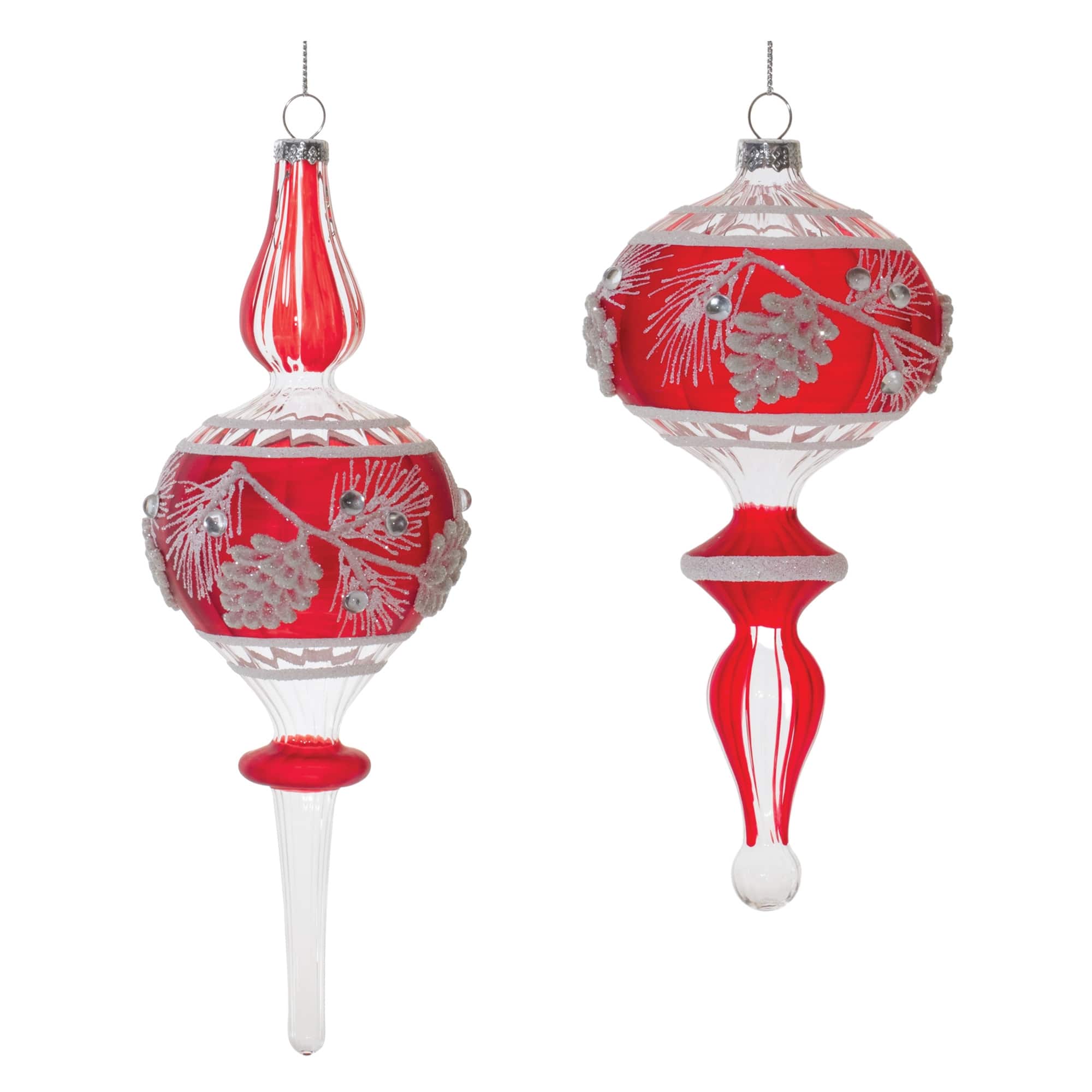BreeBe - Glittered Glass Pinecone Finial Drop Ornament (Set of 6) - Red, White