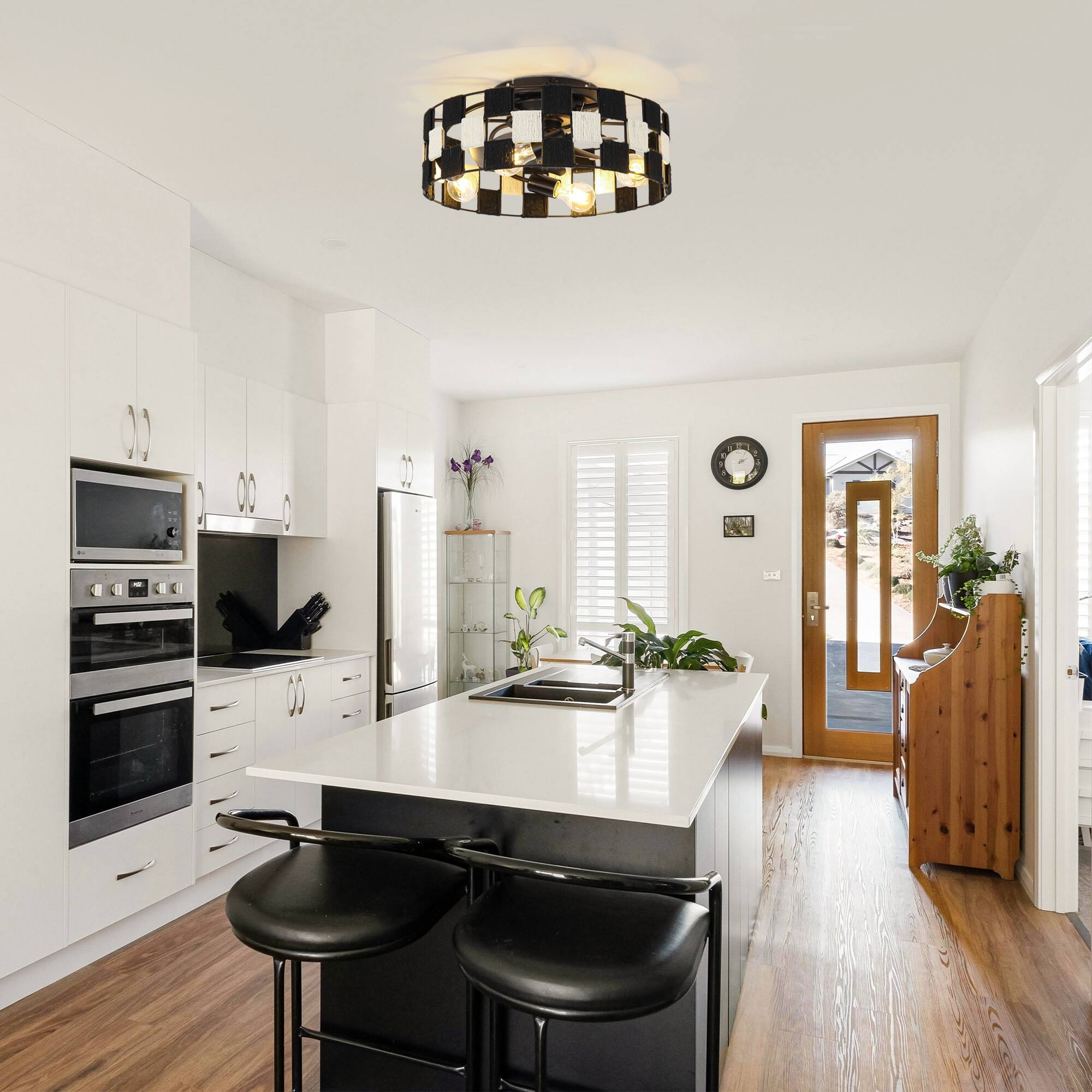 Angle. Parrot Uncle - 17.7 in. Rope Checkerboard Caged Smart Ceiling Fan with Light, Remote and APP Control - Black.