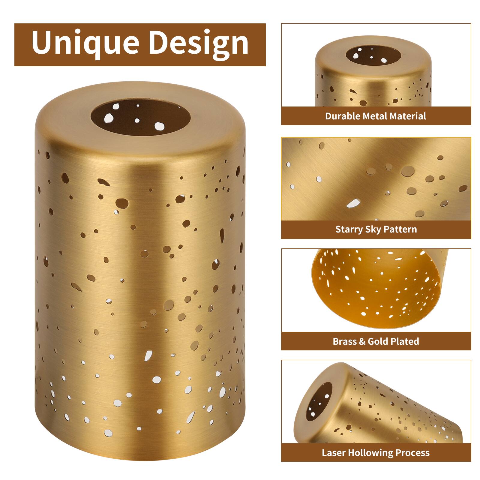 Unique Design  
Durable Metal Material  
Starry Sky Pattern  
Brass & Gold Plated  
Laser Hollowing Process