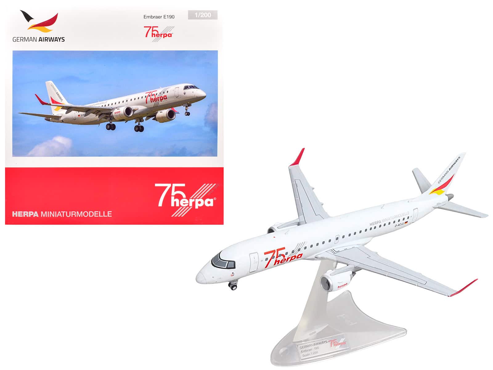 Embraer E190 German Airways Herpa 75 Years D-ACJJ White Graphics Herpa 1/200 Diecast Model - Multi