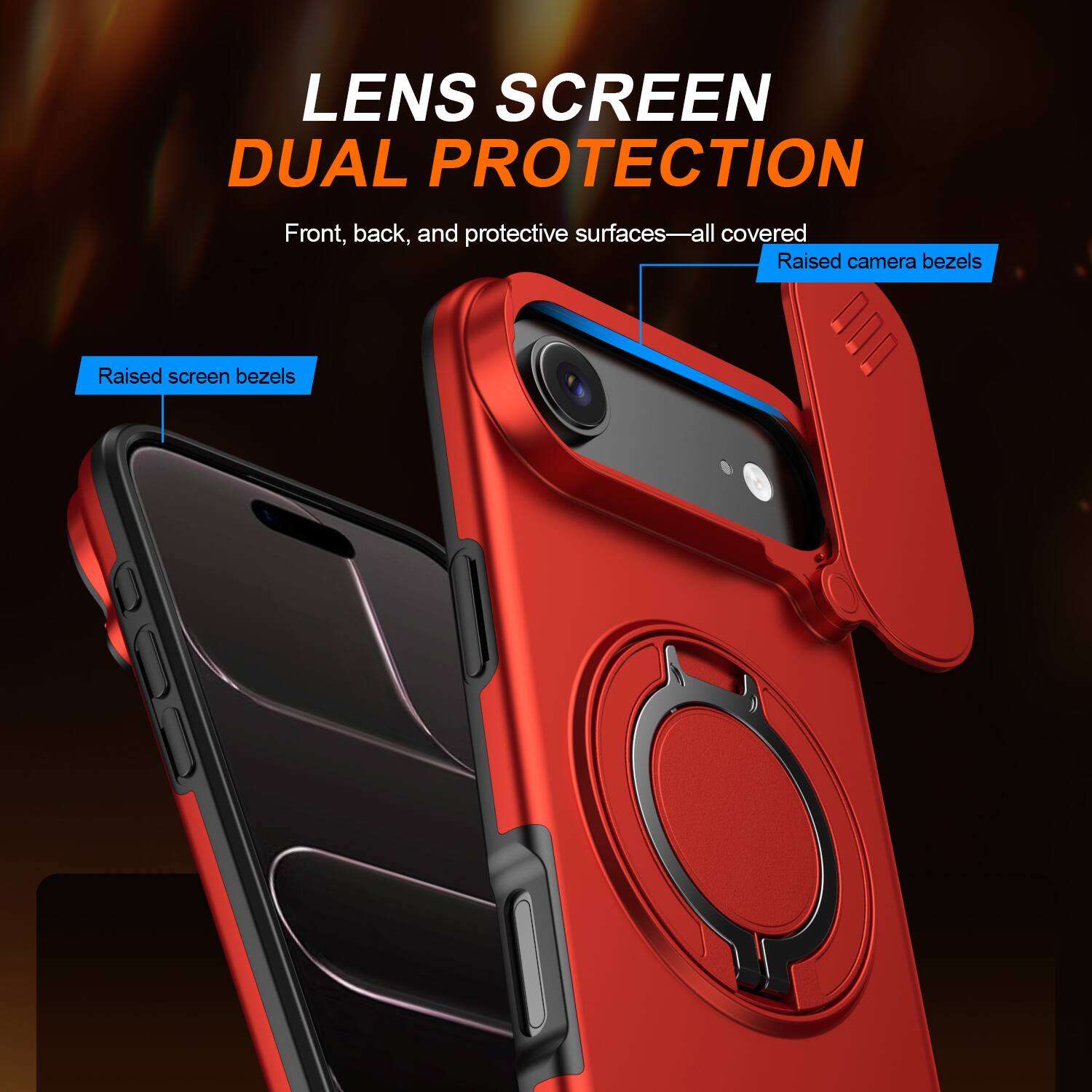 LENS SCREEN DUAL PROTECTION

Front, back, and protective surfaces—all covered

Raised camera bezels

Raised screen bezels
