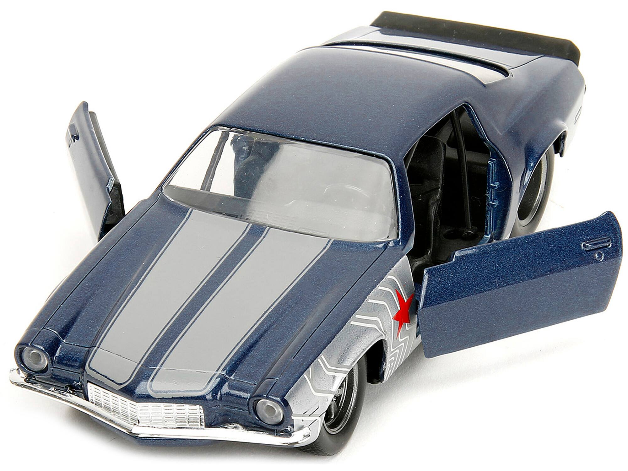 Angle. Jada - 1973 Chevrolet Camaro 1/32 Diecast Dark Blue Metallic Gray Stripes with Winter Soldier Figure "Marvel Avengers" Series - Dark Blue Metallic With Gray.
