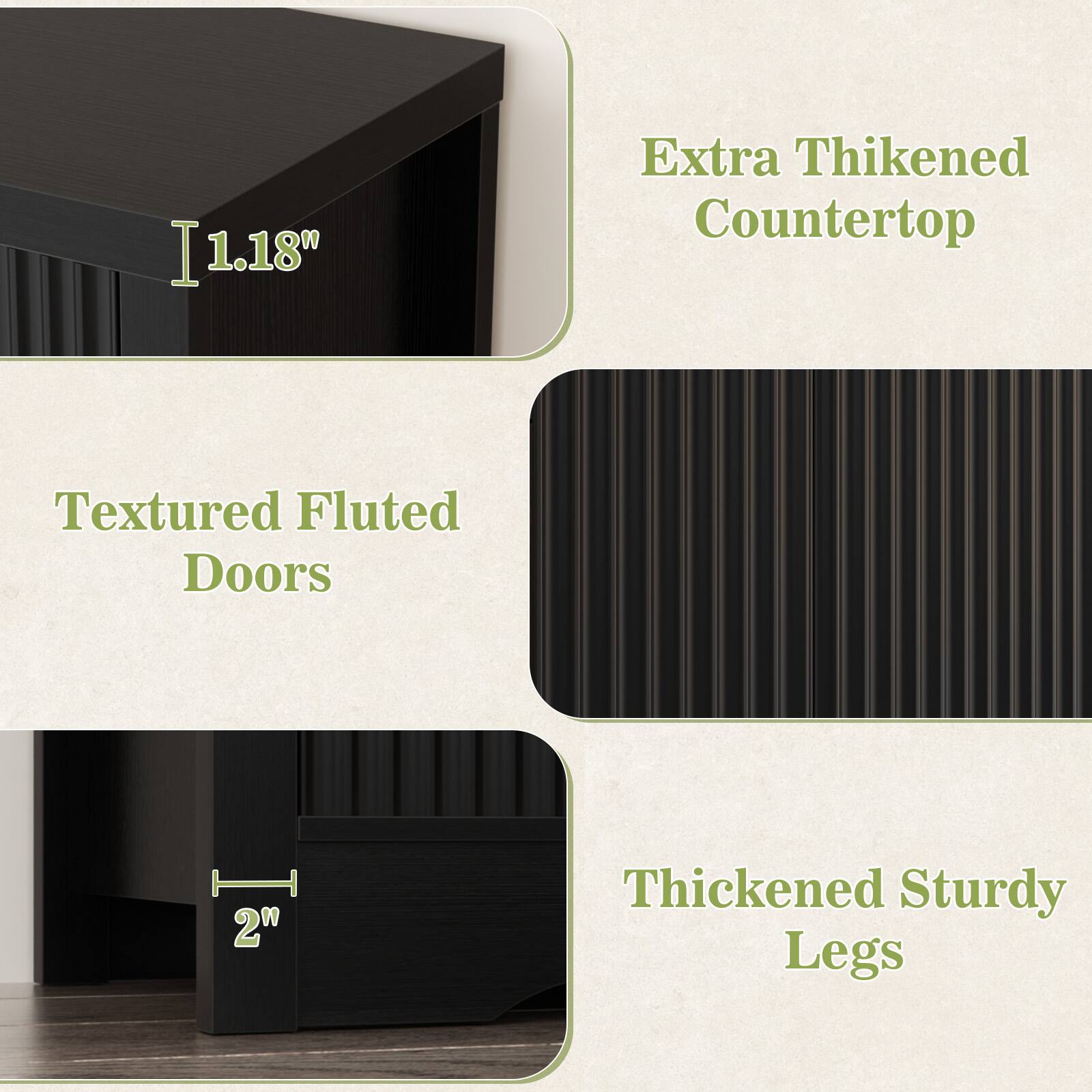 1.18" Extra Thickened Countertop Textured Fluted Doors 2" Thickened Sturdy Legs