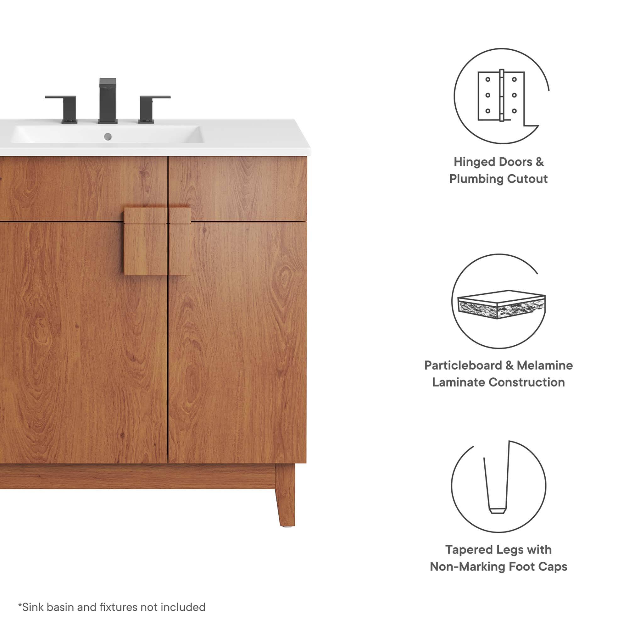 Hinged Doors & Plumbing Cutout  
Particleboard & Melamine Laminate Construction  
Tapered Legs with Non-Marking Foot Caps  

*Sink basin and fixtures not included