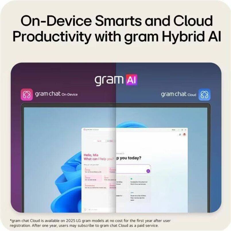 On-Device Smarts and Cloud Productivity with gram Hybrid AI

gram chat On-Device

gram chat Cloud

Hello, Mia
What can I help you?

p you today?

*gram chat Cloud is available on 2025 LG gram models at no cost for the first year after user registration. After one year, users may subscribe to gram chat Cloud as a paid service.