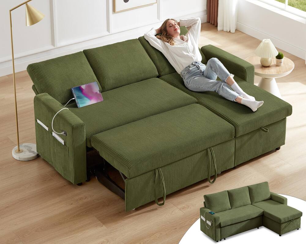Alt View 5. Dyonery - Dyonery 81" Sleeper Sofa Bed with Pull Out Bed L Shaped Couch Sectional Sleeper Sofa Green - Green.