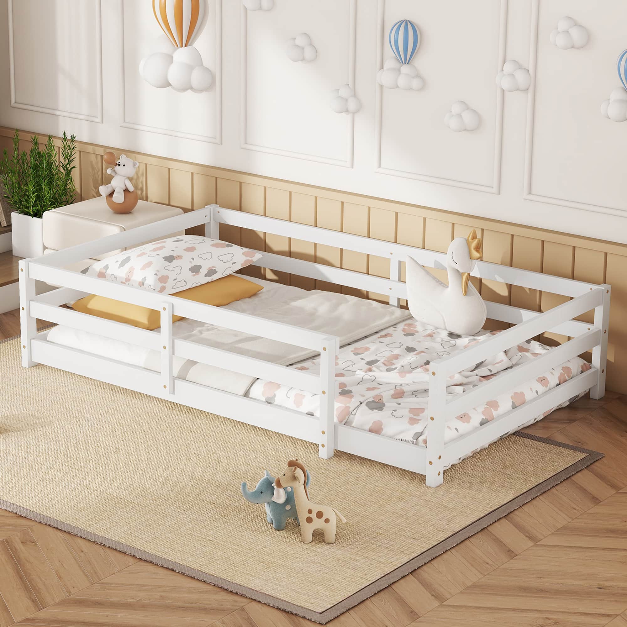 Tiramisubest - Twin Size Floor Bed, Floor Bed with Fence, Kids Bed Twin Size, Wood Floor Bed for Kids, Girls, Boys(WHITE) - White