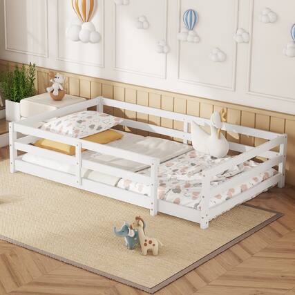 Front. Tiramisubest - Twin Size Floor Bed, Floor Bed with Fence, Kids Bed Twin Size, Wood Floor Bed for Kids, Girls, Boys(WHITE) - White.