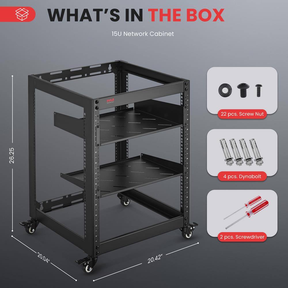 WHAT'S IN THE BOX  
15U Network Cabinet  
22 pcs. Screw Nut  
4 pcs. Dynabolt  
2 pcs. Screwdriver  

Dimensions:  
Height: 26.25"  
Width: 20.04"  
Depth: 20.42"