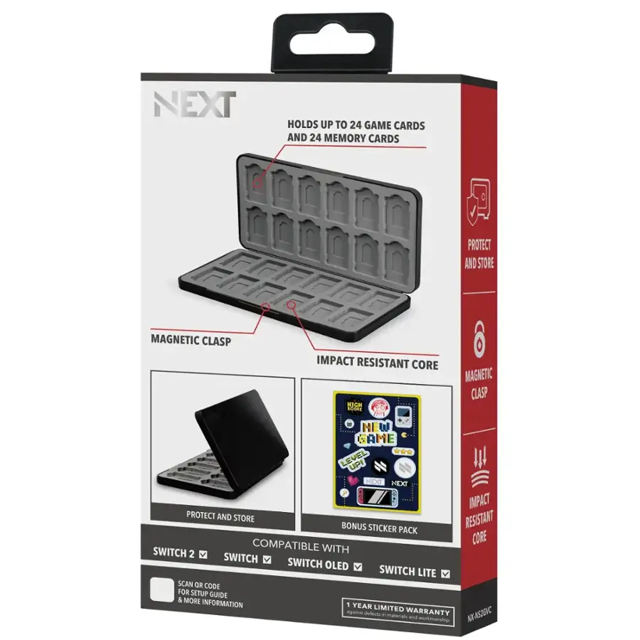 NEXT holds up to 24 game cards and 24 memory cards. Protect and store magnetic clasp impact resistant core. Magnetic clasp Nich 1 New Game Level Up IMPACT RESISTANT CORE MAGNETIC CLASP NICH 1 NEW GAME LEVEL UP IMPACT RESISTANT CORE. Bonus sticker pack compatible with core, switch 2 with switch OLED, switch LITE. Scan or code for setup guide & more information. 1 year limited warranty against defects in materials and workmanship.