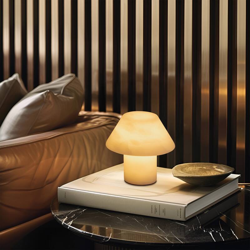 Alt View 6. Brightech - Alora LED Stone Modern Industrial Empire Bedside Nightstand Desk Lamp - Marbled Natural White Alabaster.