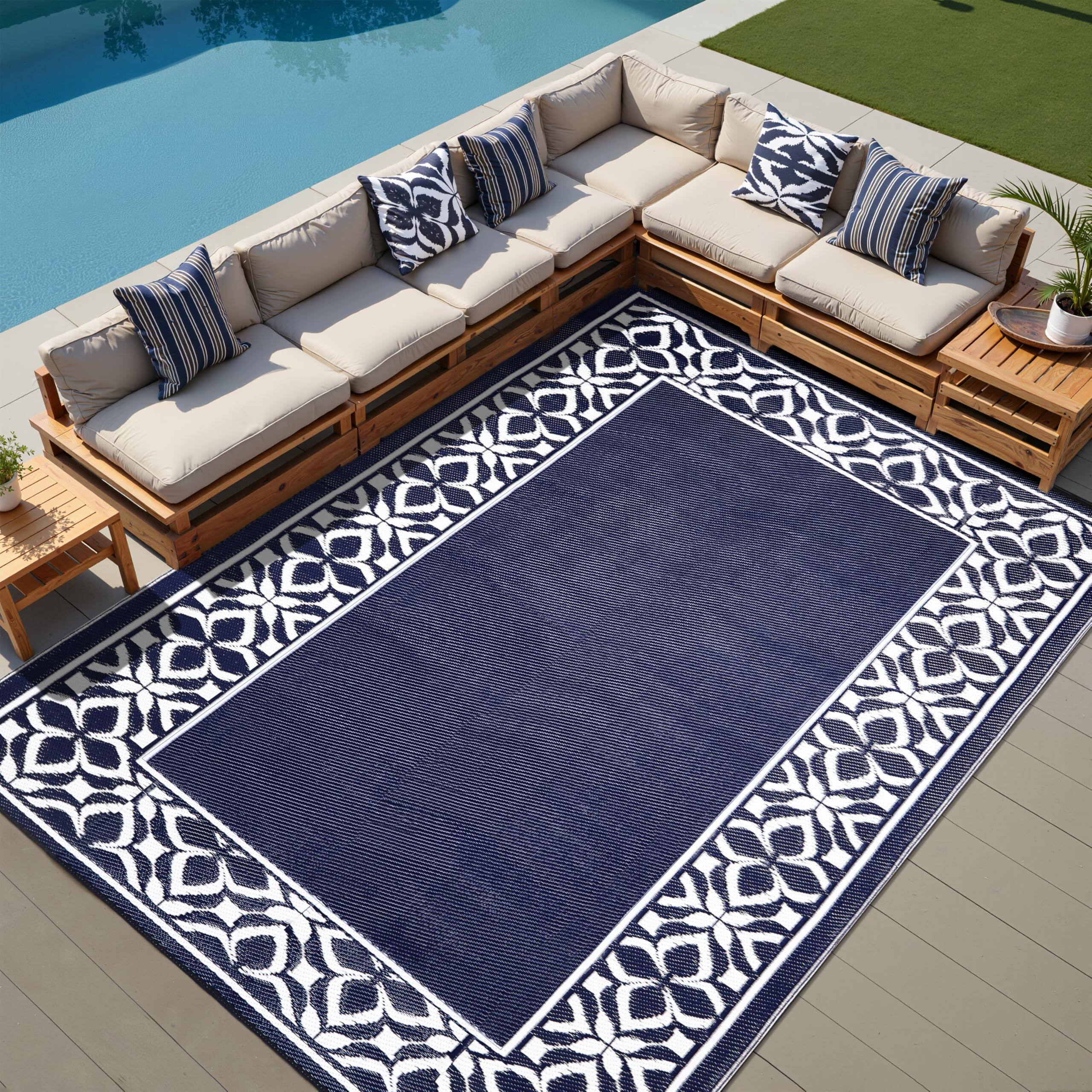 Alt View 1. Reds Spade - Outdoor Plastic Straw Rug Navy Large Outside Waterproof Patio Carpet Geometric Reversible Mat Modern For Ca... - Geo | Navy Blue-5' x 8' (Rectangular).