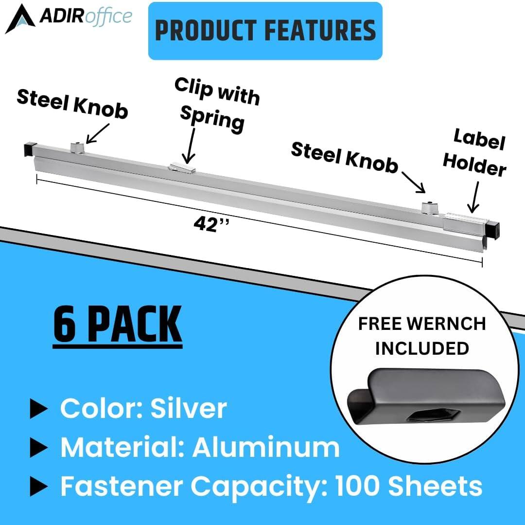ADIRoffice PRODUCT FEATURES Steel Knob Clip with Spring Steel Knob Label Holder 42" 6 PACK FREE WERNCH INCLUDED Color: Silver Material: Aluminum Fastener Capacity: 100 Sheets