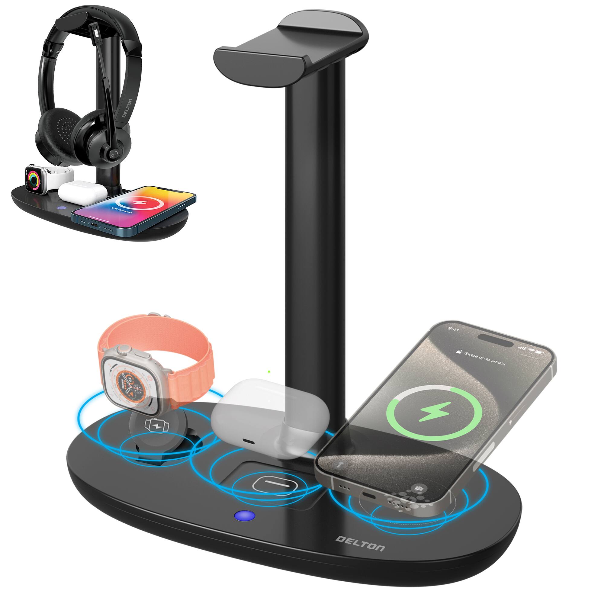 Delton - HS1 Wireless Charging Headset Stand with USB-C Adapter, Black - Black