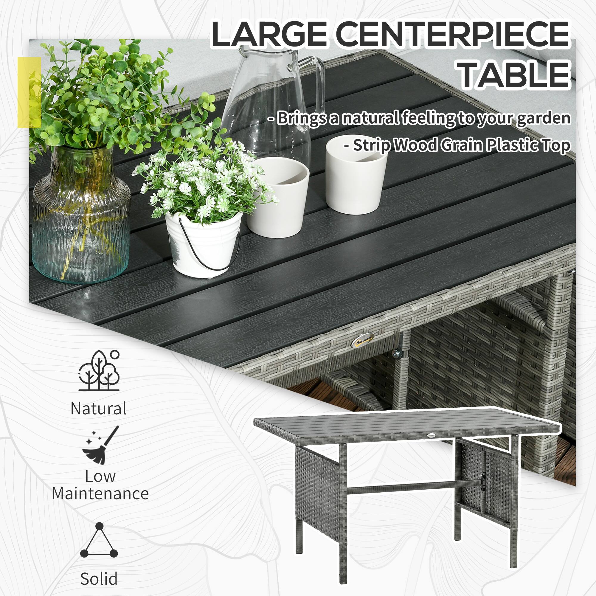 LARGE CENTERPIECE TABLE
-Brings a natural feeling to your garden
-Strip Wood Grain Plastic Top
Natural
Low Maintenance
Solid