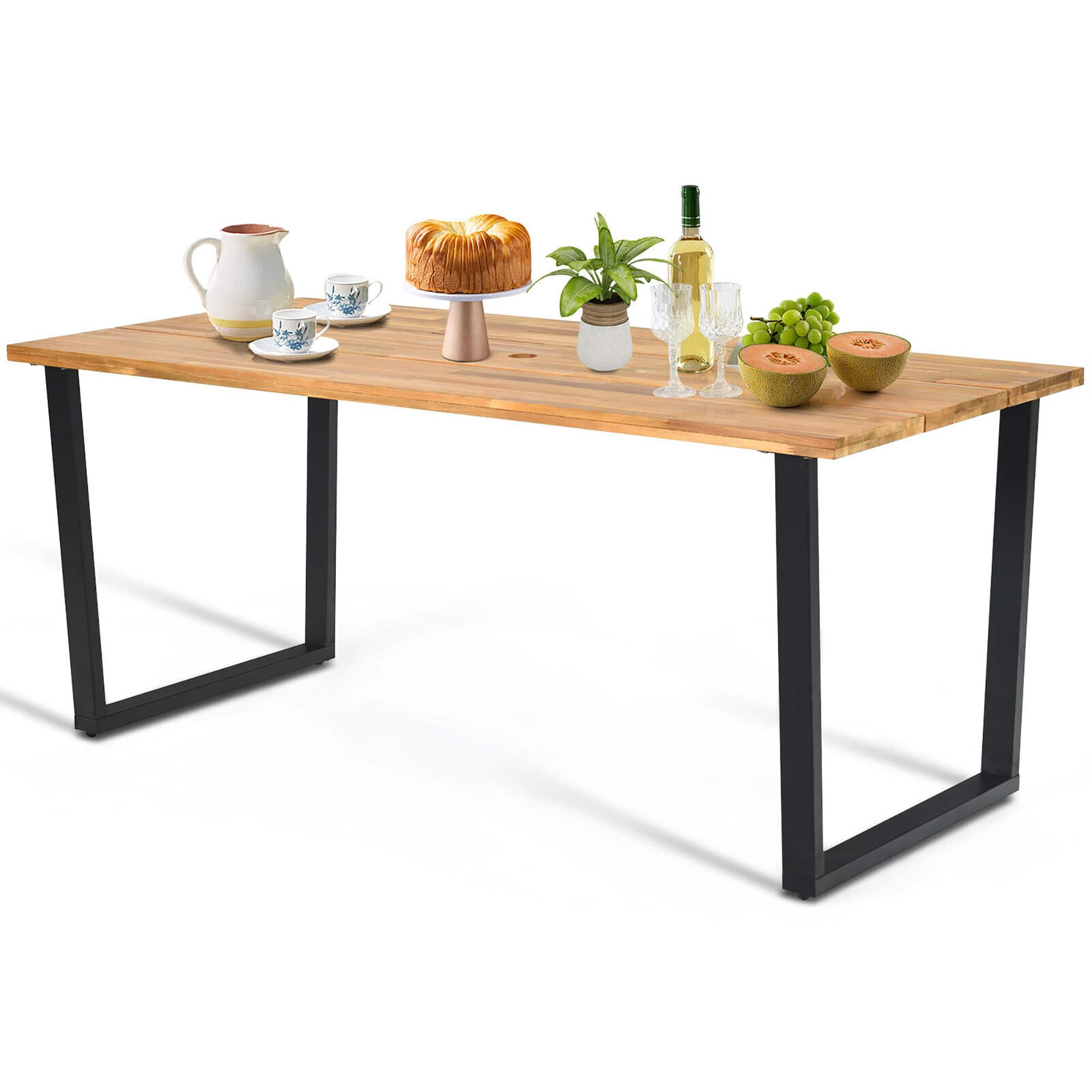 Gymax - Patio Rectangle Dining Table Acacia Wood w/ 2'' Umbrella Hole Indoor & Outdoor Deck - Natural + Black