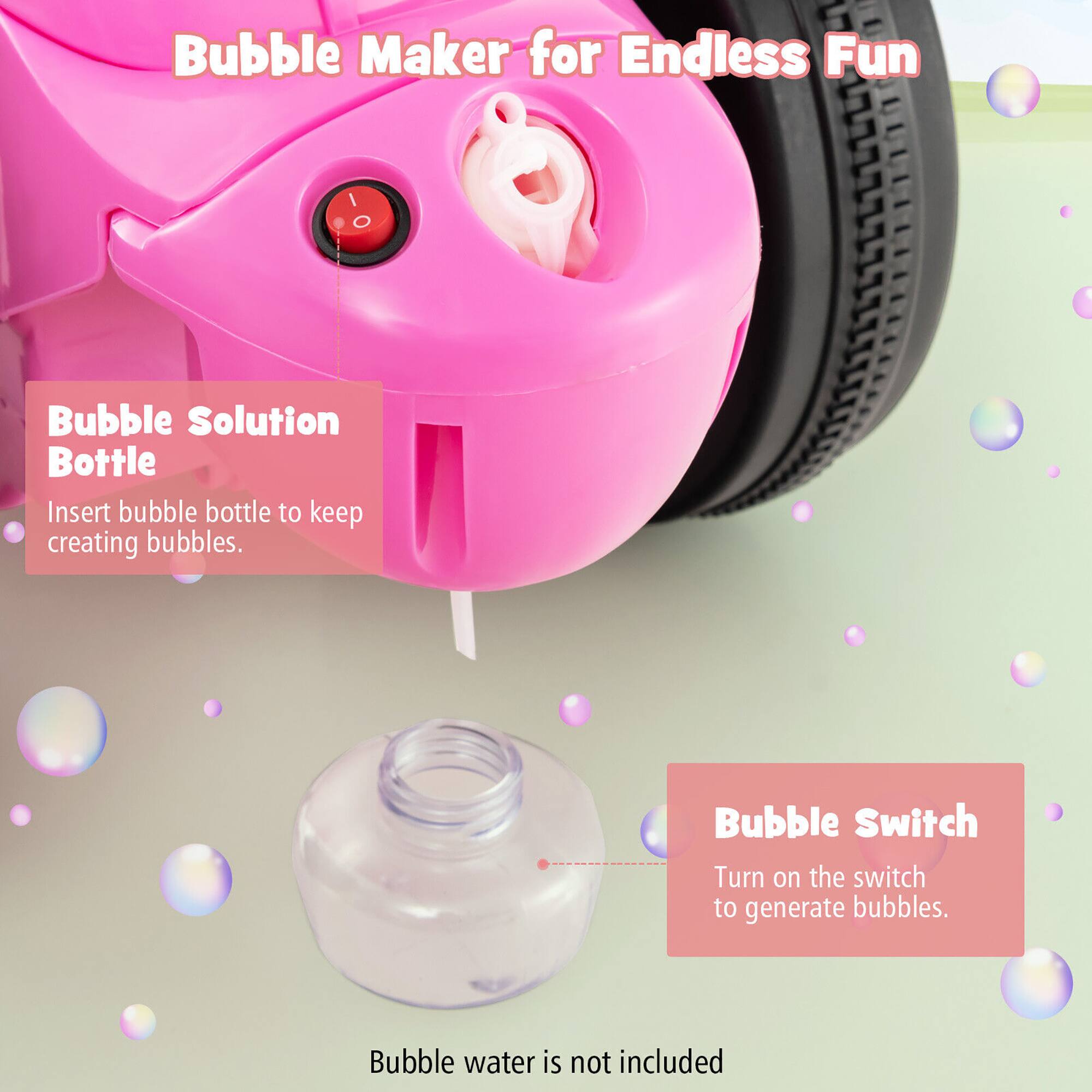 Bubble Maker for Endless Fun

Bubble Solution Bottle
Insert bubble bottle to keep creating bubbles.

Bubble Switch
Turn on the switch to generate bubbles.

Bubble water is not included