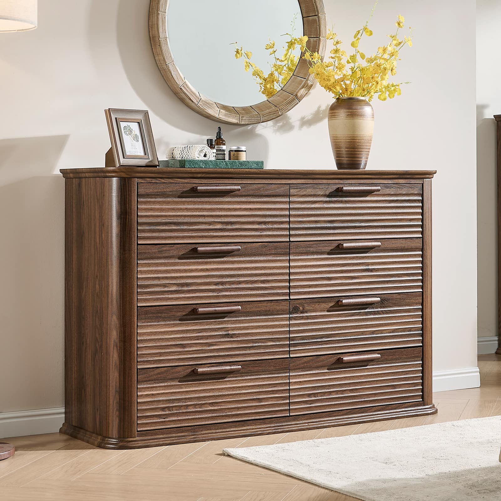 Forest'nSky - Wood 8 drawer 52 in. Wide Chest of Drawers with Curved Profile Design for Living Room - Walnut