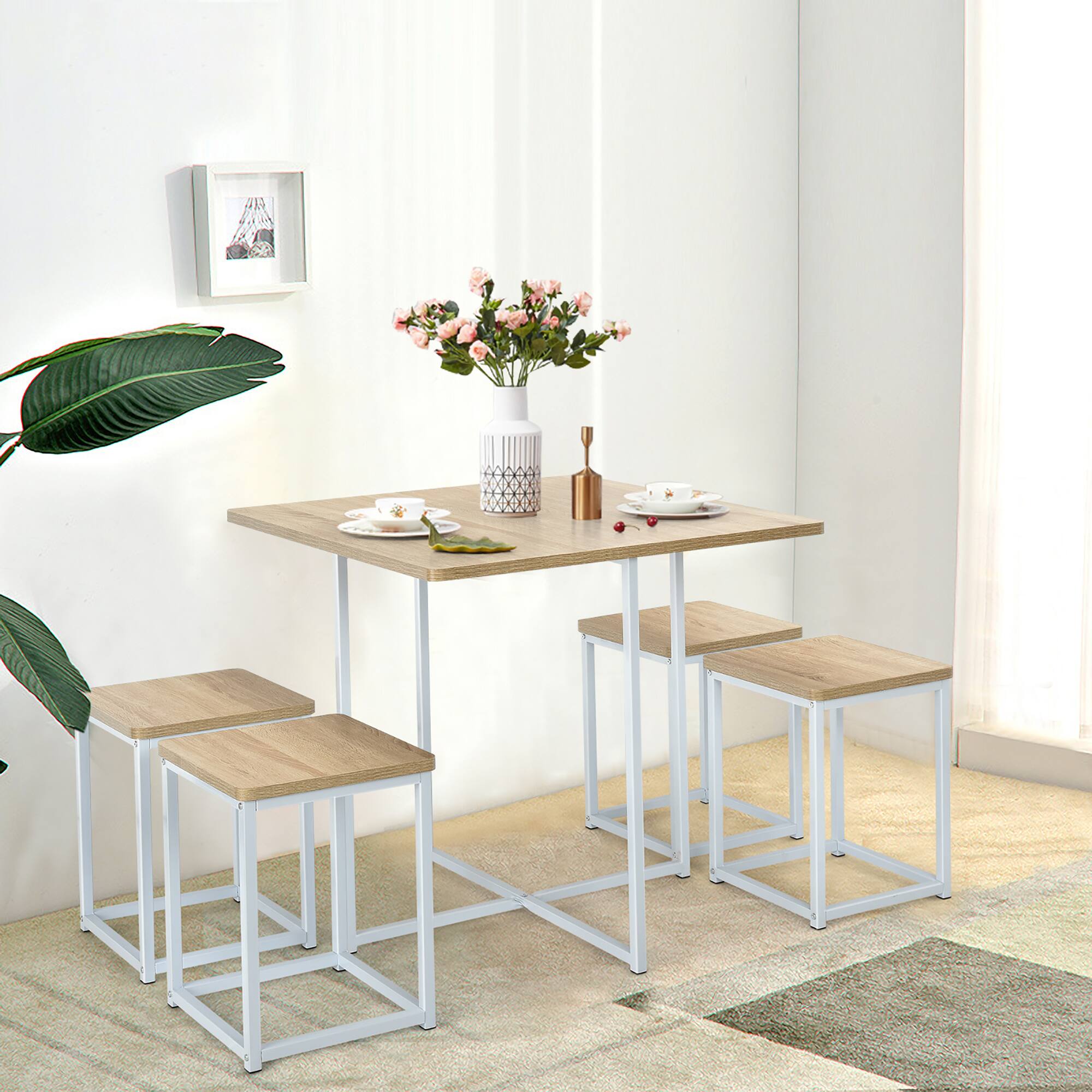Angle. Costway - 5pcs Dining Set Compact Dining Table and 4 Stools Metal Frame Nature\ Vintage White - Walnut and Black.