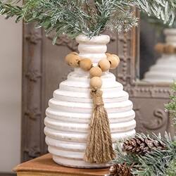 Angle. BreeBe - Distressed White Wooden Beaded Athens Vase - 6"H - White, Natural.