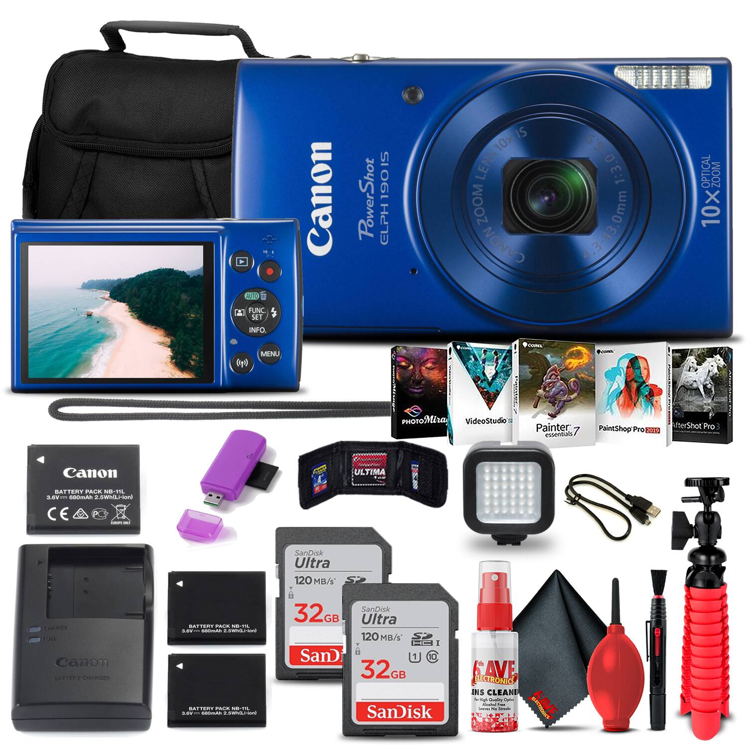 Bundle - Canon - PowerShot ELPH 190 IS Digital Camera (Blue) + 2 x 32GB Cards + More