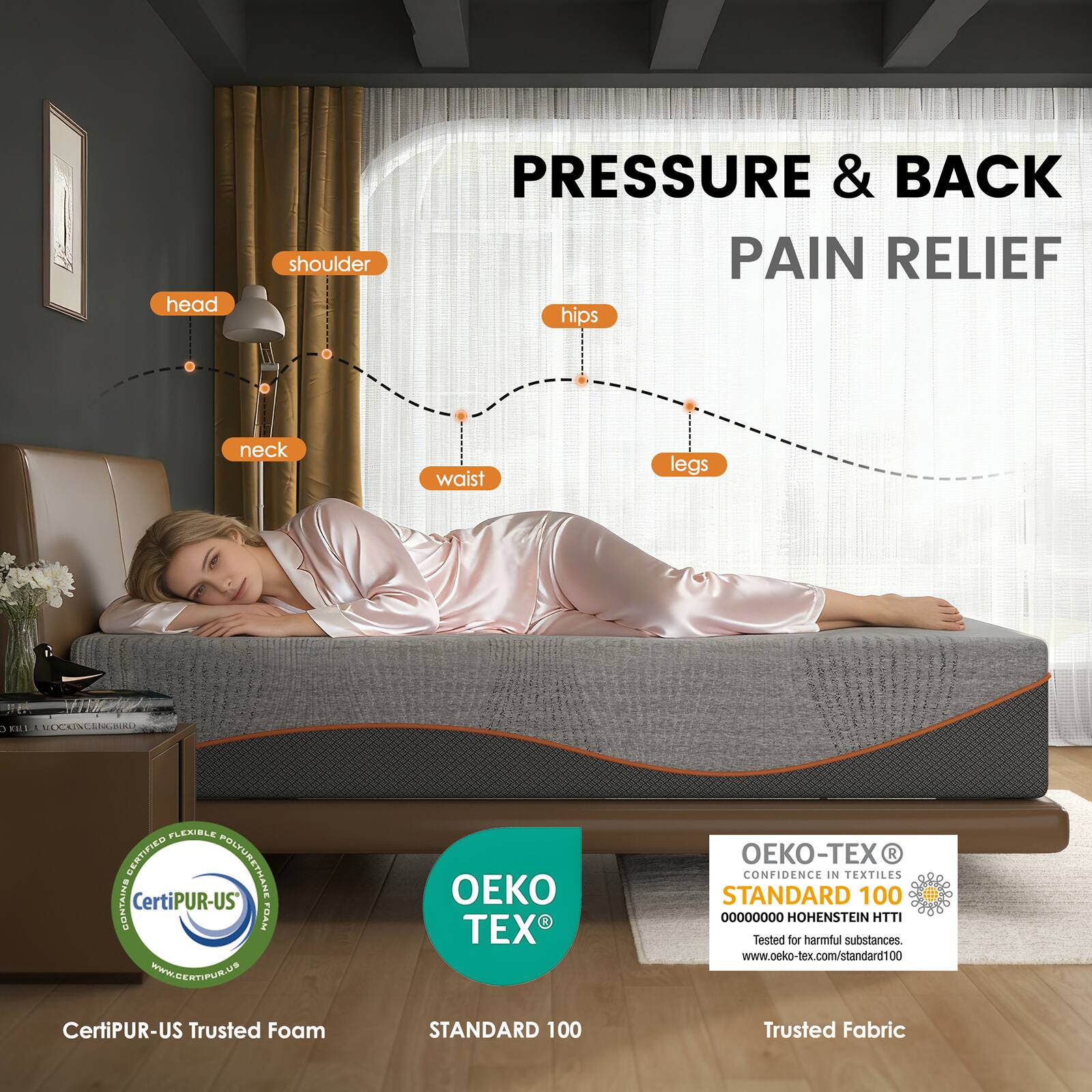 head shoulder PRESSURE & BACK PAIN RELIEF hips neck waist legs

3 HL PLEXIBLE CERTIFIED POLYURETHANE CONTAINS CertiPUR-US FOAM WWW.GERTIPUR.US

EX - R CONFIDENCE IN TEXTILES STANDARD 100

4HD 00000000 HOHENSTEIN HTTI Tested for harmful substances. www.oeko-tex.com/standard100

CertiPUR-US Trusted Foam

STANDARD 100 Trusted Fabric
