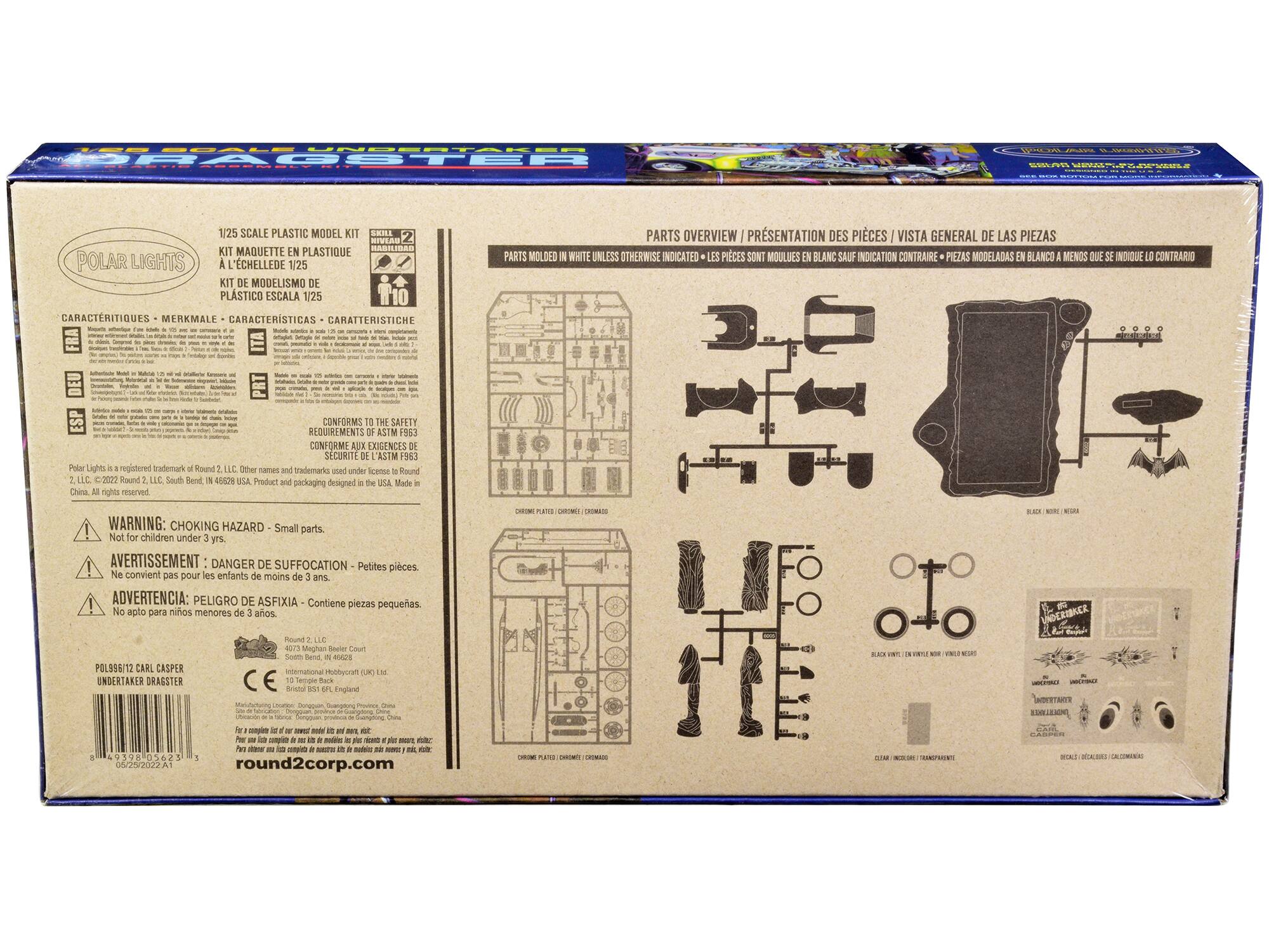 1/25 SCALE PLASTIC MODEL KIT  
KIT MAQUETTE EN PLASTIQUE  
KIT MODELISMO PLÁSTICO ESCALA 1/25  
PARTS OVERVIEW / PRÉSENTATION DES PIÈCES / VISTA GENERAL DE LAS PIEZAS  
PARTS MOULED IN WHITE UNLESS OTHERWISE INDICATED / LES PIÈCES SONT MOULEES EN BLANC SAUF INDICATION CONTRAIRE / PIEZAS MODELLADAS EN BLANCO A MENOS QUE SE INDIQUE LO CONTRARIO  

CARACTERISTIQUES / MERKMALE / CARACTERÍSTICAS / CARATTERISTICHE  
- FIA  
- SKILL 2  
- ESP  
- PTI  

CONFORMS TO THE SAFETY REQUIREMENTS AS PER ASTM F963 / CONFORME AUX EXIGENCES DE SÉCURITÉ DE L'ASTM F963 / SE ADHIERE A LOS REQUERIMIENTOS DE SEGURIDAD DE ASTM F963  

Polar Lights is a registered trademark of Round 2, LLC. Other names and trademarks used under license to Round 2, LLC.  
Product and packaging designed in the