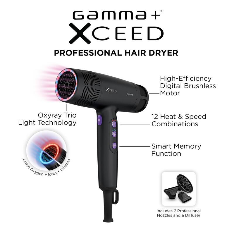 Gamma + XCEED Professional Hair Dryer

- High-Efficiency Digital Brushless Motor
- Oxyray Trio Light Technology
- 12 Heat & Speed Combinations
- Active Oxygen + Ionic + Infrared
- Smart Memory Function
- Includes 2 Professional Nozzles and a Diffuser