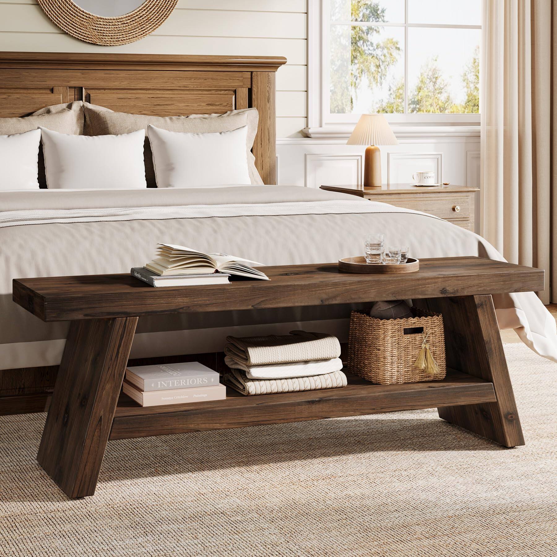 Tribesigns Solid Wood Entryway Bench, 2 Tier Wood Storage Bench ...