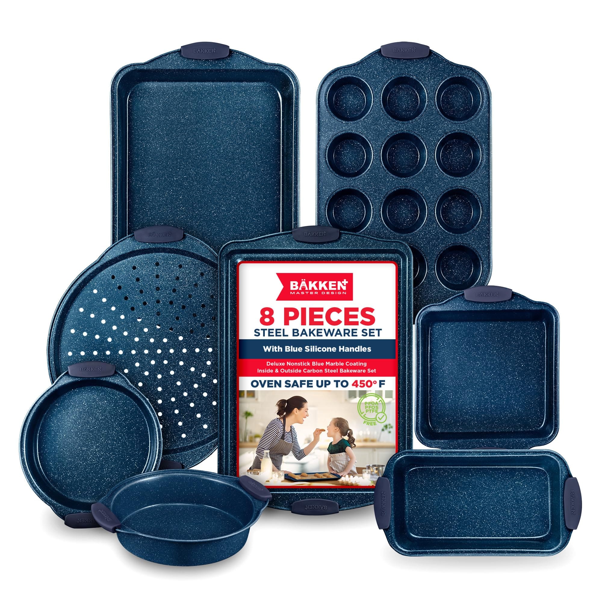 Bakken- Swiss - BAKKEN Kitchen Baking Pan Set - Nonstick Coating, Carbon Steel Bakeware Sets with Blue Silicone Handles, Baking Kitchen - Blue Marble price history on PriceWatchPro