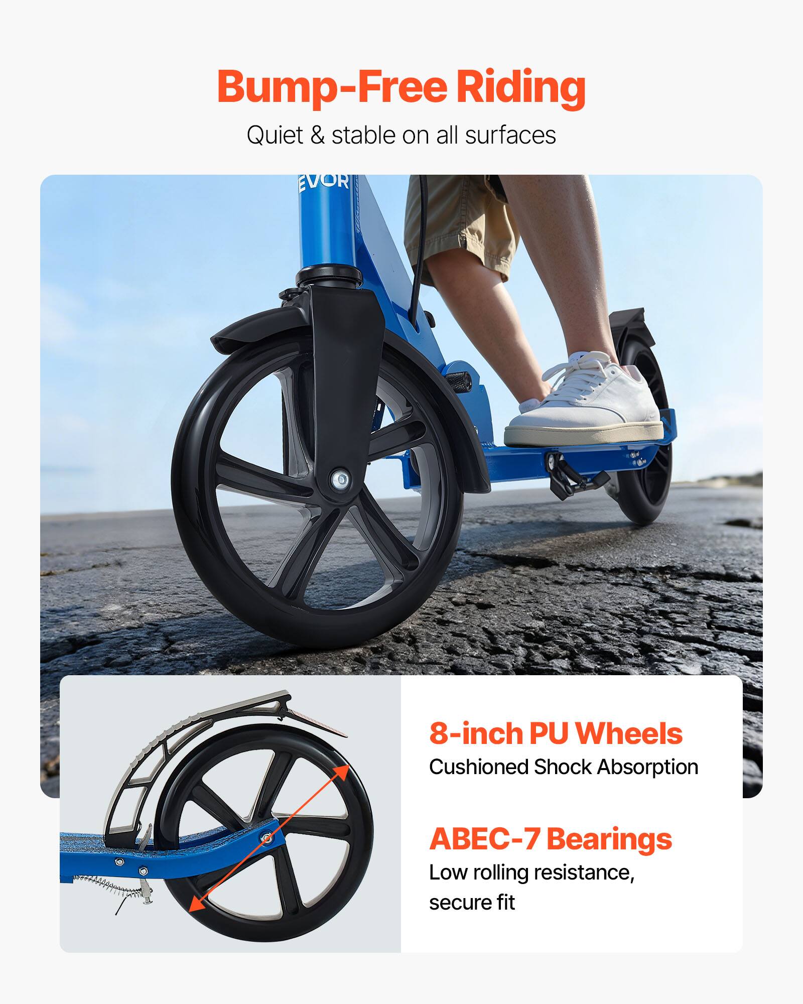 Bump-Free Riding  
Quiet & stable on all surfaces  

8-inch PU Wheels  
Cushioned Shock Absorption  

ABEC-7 Bearings  
Low rolling resistance, secure fit