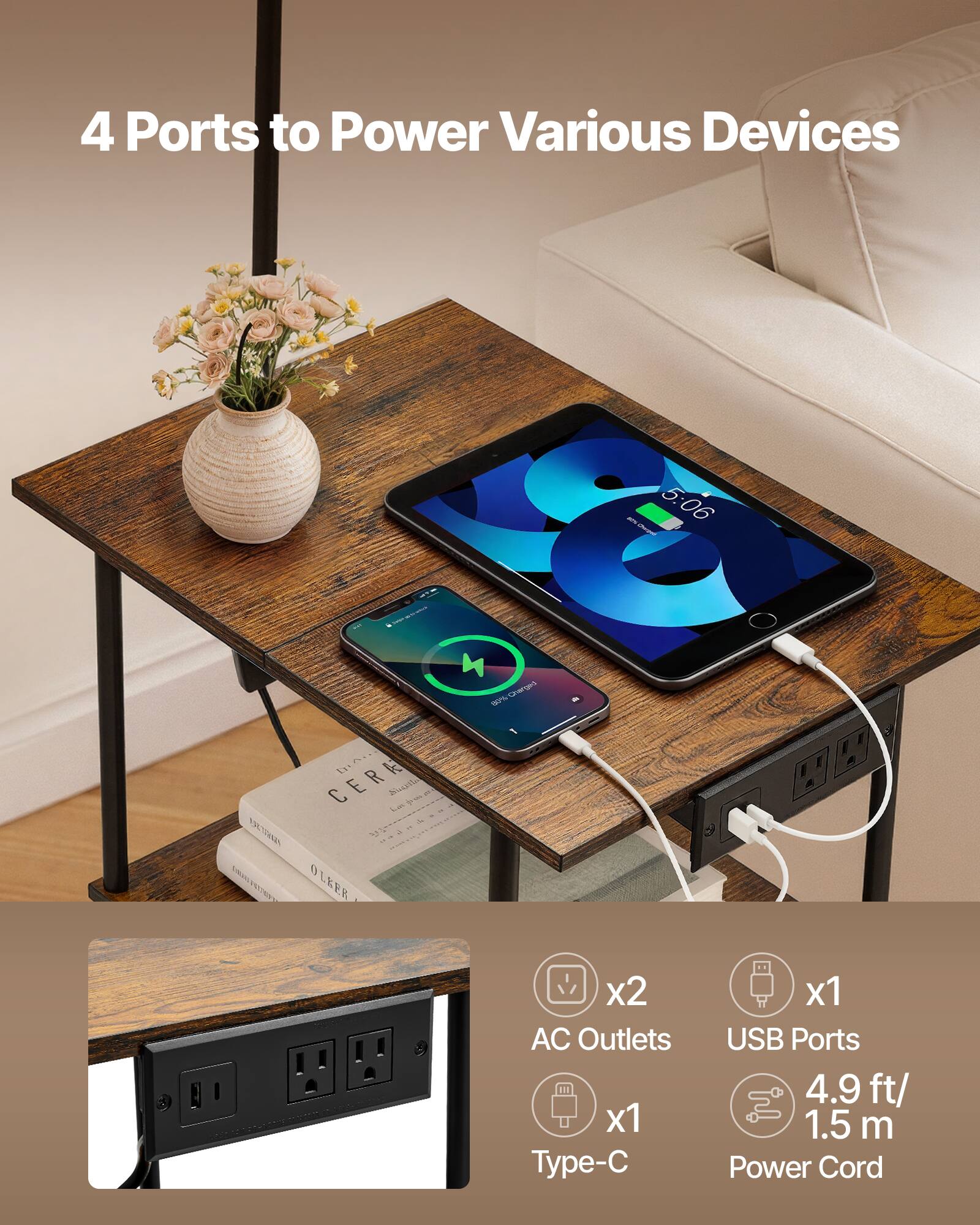 4 Ports to Power Various Devices

- 4 Chargert
- 0 TA CRILESIISN VNI VTSO bon t CERA Seave a 1 - de - 4 0 LKPR x2 AC Outlets x1 Type-C x1 USB Ports
- 4.9 ft/ 1.5 m Power Cord