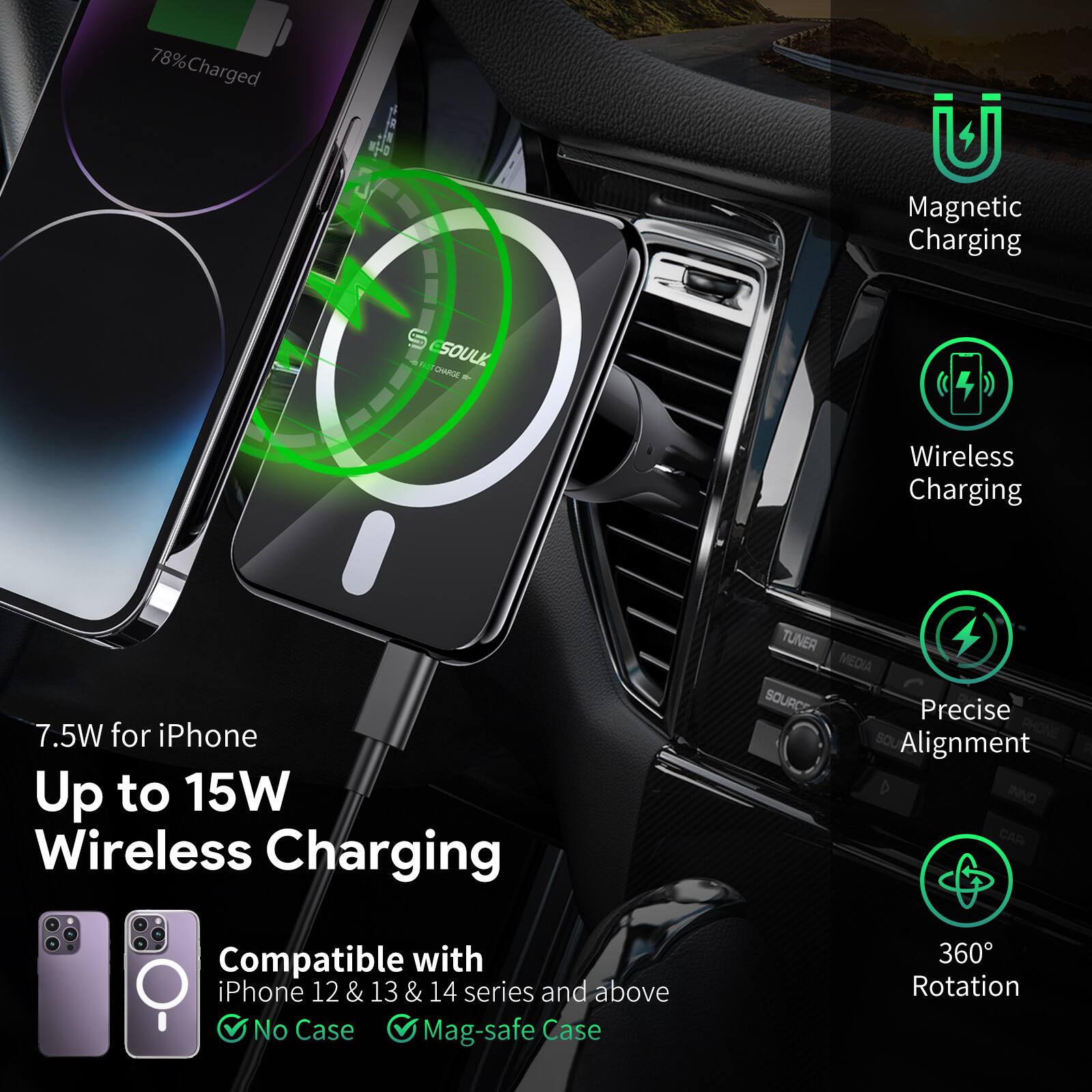 78% Charged, Magnetic Charging, S ESOULK CHARGE, 4 Wireless Charging, 7.5W for iPhone, Up to 15W Wireless Charging, TUNER, MEDIA, SOURCE, Precise Alignment, INNO, CAR, Compatible with iPhone 12 & 13 & 14 series and above, No Case, Mag-safe Case, 360 Rotation