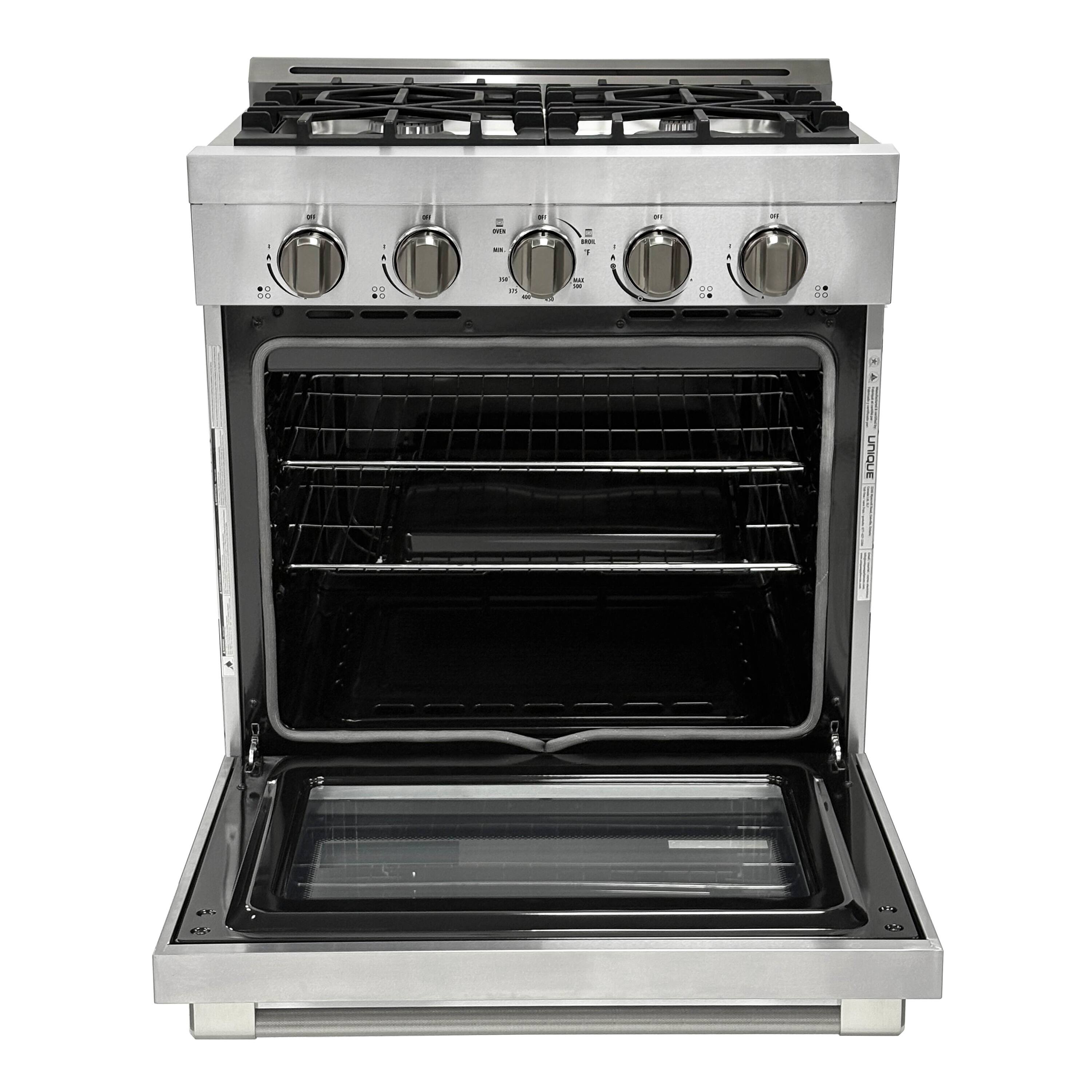 Left. Unique Appliances - Off-Grid 30 in. Wide 4 Burner 5.1 Cu. Ft. Freestanding LP Gas Range with Waist-High Broiler and Manual Clean - Stainless Steel.