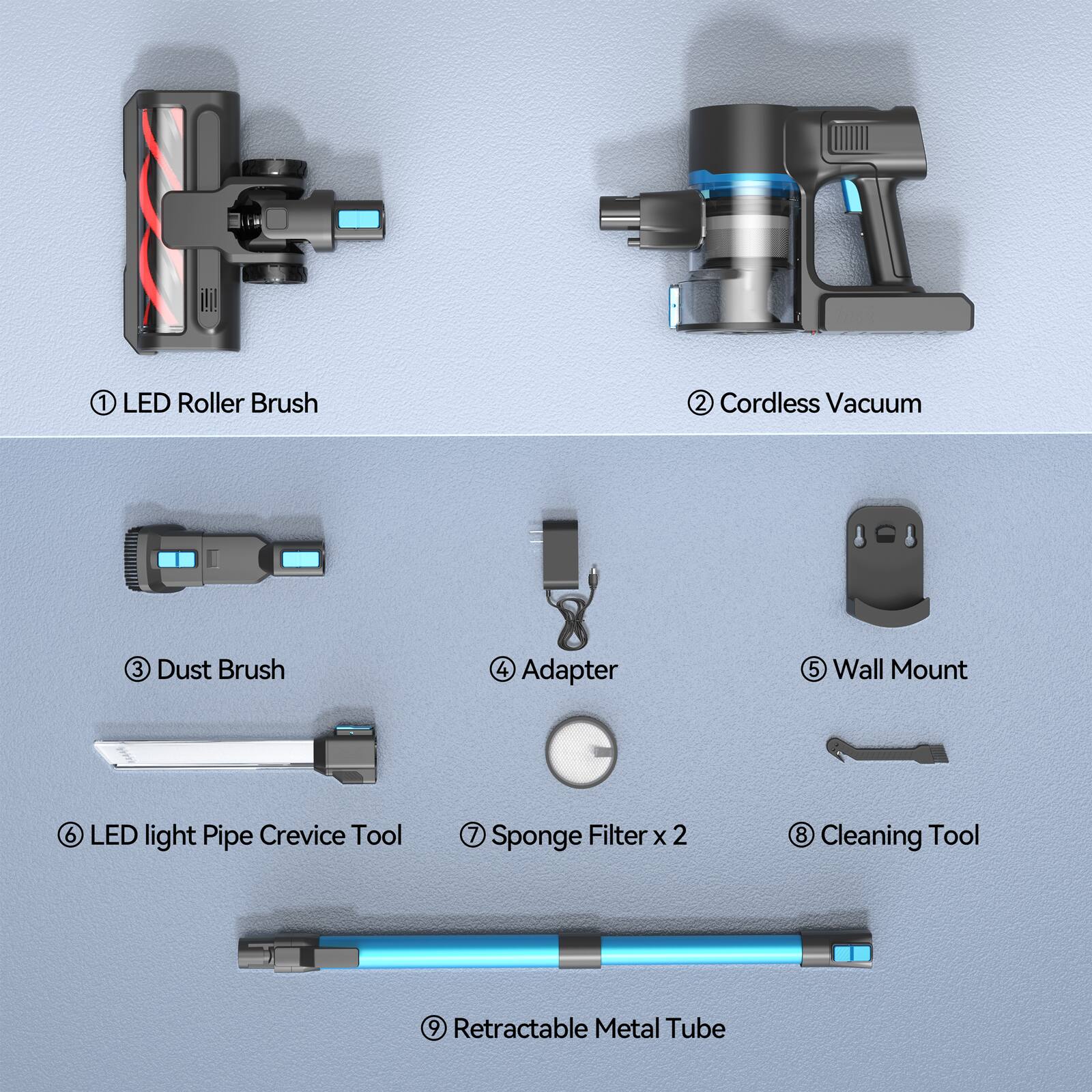 1. LED Roller Brush  
2. Cordless Vacuum  
3. Dust Brush  
4. Adapter  
5. Wall Mount  
6. LED Light Pipe Crevice Tool  
7. Sponge Filter x 2  
8. Cleaning Tool  
9. Retractable Metal Tube