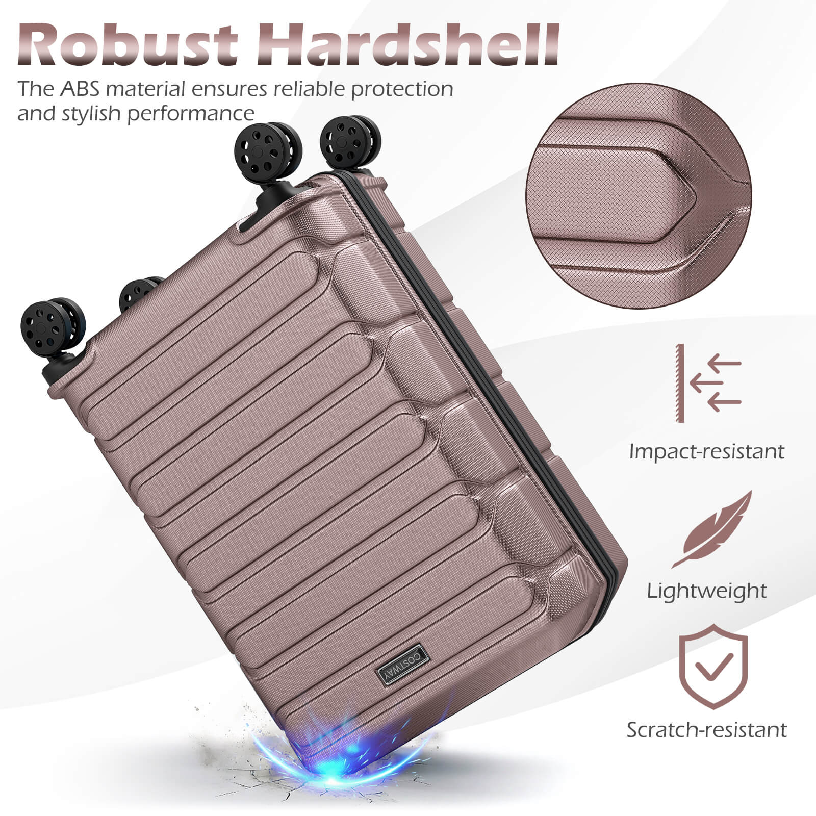 Robust Hardshell  
The ABS material ensures reliable protection and stylish performance  

Impact-resistant  
Lightweight  
Scratch-resistant