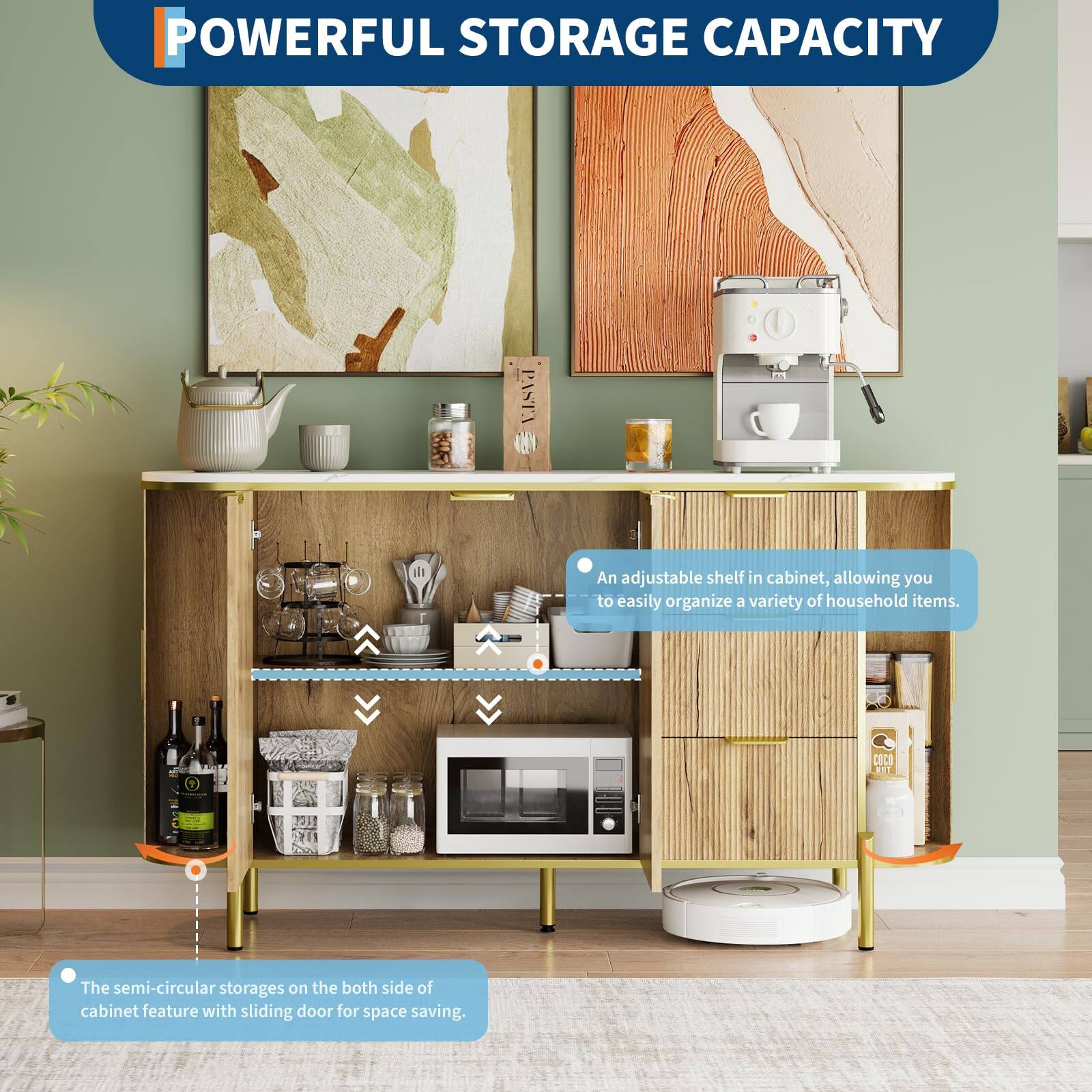 POWERFUL STORAGE CAPACITY

- An adjustable shelf in cabinet, allowing you to easily organize a variety of household items.
- The semi-circular storages on the both side of cabinet feature with sliding door for space saving.