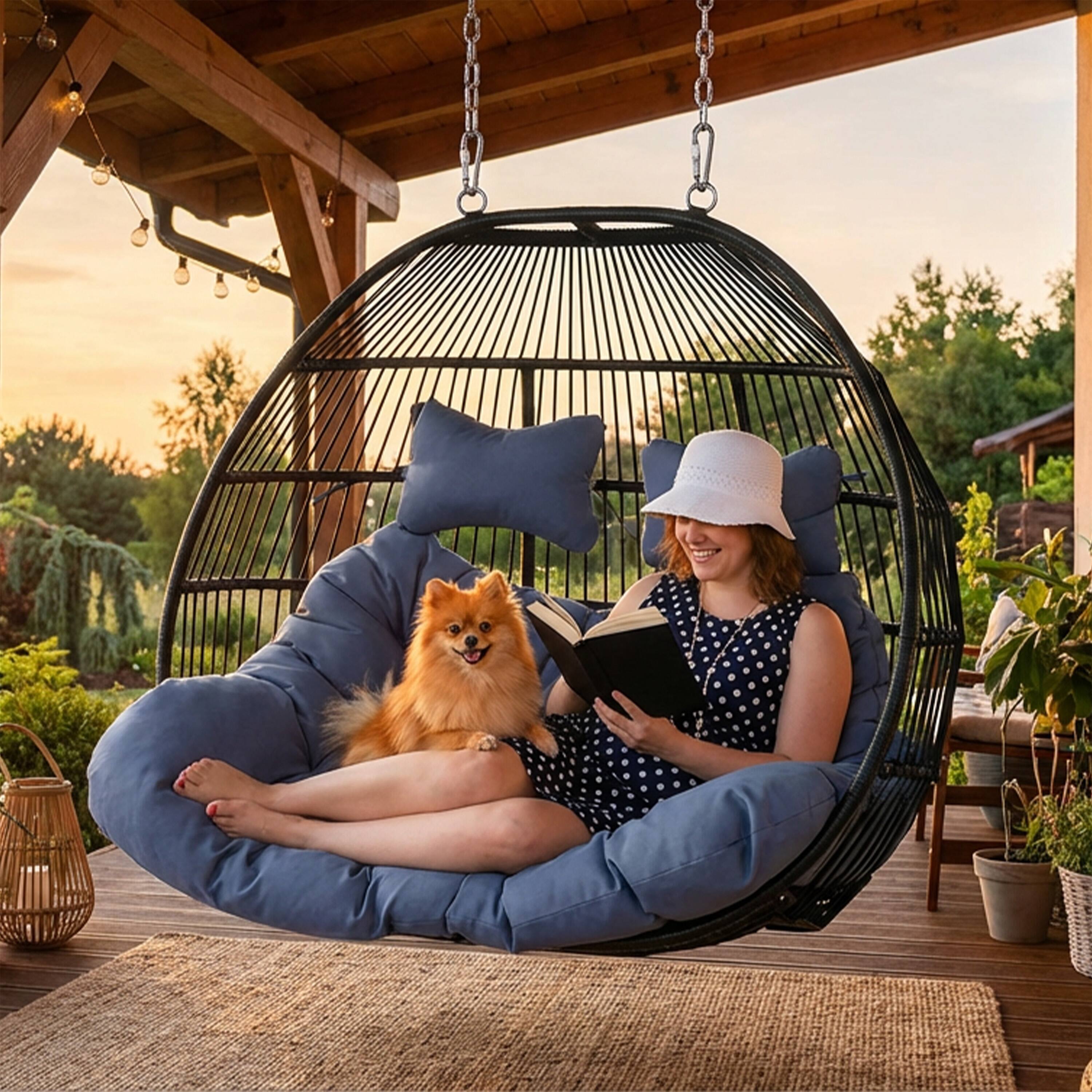 Alt View 5. Sunnydaze - Black Resin Wicker Loveseat Hanging Egg Chair with Cushion - Grey.