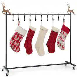 Costway - 10-Hook Christmas Stocking Holder Stand on Wheels with 6 Removable Xmas Tree - Black